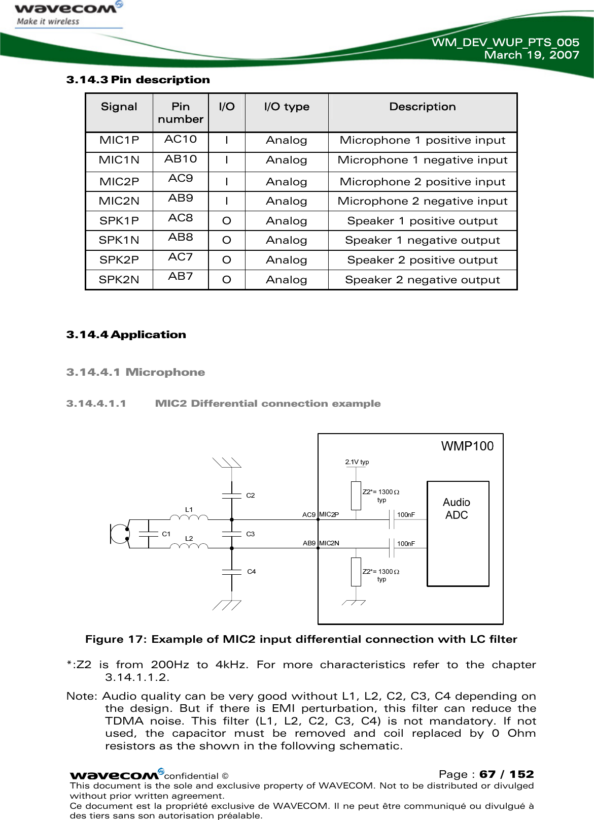   WM_DEV_WUP_PTS_005 March 19, 2007  3.14.3 Pin description  Signal  Pin number I/O  I/O type  Description MIC1P  AC10  I  Analog  Microphone 1 positive input confidential © Page : 67 / 152 This document is the sole and exclusive property of WAVECOM. Not to be distributed or divulged without prior written agreement.  Ce document est la propriété exclusive de WAVECOM. Il ne peut être communiqué ou divulgué à des tiers sans son autorisation préalable.  MIC1N  AB10  I  Analog  Microphone 1 negative input MIC2P  AC9  I  Analog  Microphone 2 positive input MIC2N  AB9  I  Analog  Microphone 2 negative input SPK1P  AC8  O  Analog  Speaker 1 positive output SPK1N  AB8  O  Analog  Speaker 1 negative output SPK2P  AC7  O  Analog  Speaker 2 positive output SPK2N  AB7  O  Analog  Speaker 2 negative output  3.14.4 Application 3.14.4.1 Microphone 3.14.4.1.1 MIC2 Differential connection example     Figure 17: Example of MIC2 input differential connection with LC filter *:Z2 is from 200Hz to 4kHz. For more characteristics refer to the chapter 3.14.1.1.2. Note: Audio quality can be very good without L1, L2, C2, C3, C4 depending on the design. But if there is EMI perturbation, this filter can reduce the TDMA noise. This filter (L1, L2, C2, C3, C4) is not mandatory. If not used, the capacitor must be removed and coil replaced by 0 Ohm resistors as the shown in the following schematic. 