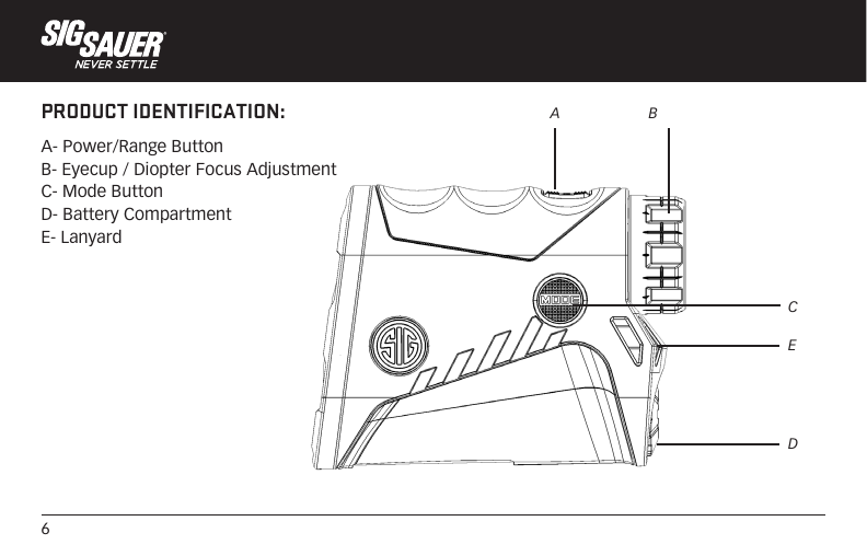 6PRODUCT IDENTIFICATION:A- Power/Range ButtonB- Eyecup / Diopter Focus AdjustmentC- Mode ButtonD- Battery CompartmentE- LanyardA      BCED