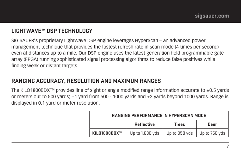 7sigsauer.comLIGHTWAVE™ DSP TECHNOLOGYSIG SAUER’s proprietary Lightwave DSP engine leverages HyperScan – an advanced power management technique that provides the fastest refresh rate in scan mode (4 times per second) even at distances up to a mile. Our DSP engine uses the latest generation field programmable gate array (FPGA) running sophisticated signal processing algorithms to reduce false positives while finding weak or distant targets. RANGING ACCURACY, RESOLUTION AND MAXIMUM RANGESThe KILO1800BDX™ provides line of sight or angle modified range information accurate to ±0.5 yards or meters out to 500 yards; ±1 yard from 500 - 1000 yards and ±2 yards beyond 1000 yards. Range is displayed in 0.1 yard or meter resolution.RANGING PERFORMANCE IN HYPERSCAN MODEReﬂective Trees DeerKILO1800BDX™ Up to 1,600 yds Up to 950 yds Up to 750 yds