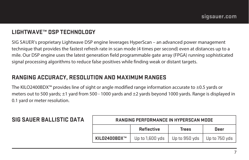 7sigsauer.comLIGHTWAVE™ DSP TECHNOLOGYSIG SAUER’s proprietary Lightwave DSP engine leverages HyperScan – an advanced power management technique that provides the fastest refresh rate in scan mode (4 times per second) even at distances up to a mile. Our DSP engine uses the latest generation field programmable gate array (FPGA) running sophisticated signal processing algorithms to reduce false positives while finding weak or distant targets. RANGING ACCURACY, RESOLUTION AND MAXIMUM RANGESThe KILO2400BDX™ provides line of sight or angle modified range information accurate to ±0.5 yards or meters out to 500 yards; ±1 yard from 500 - 1000 yards and ±2 yards beyond 1000 yards. Range is displayed in 0.1 yard or meter resolution.SIG SAUER BALLISTIC DATA  RANGING PERFORMANCE IN HYPERSCAN MODEReﬂective Trees DeerKILO2400BDX™ Up to 1,600 yds Up to 950 yds Up to 750 yds