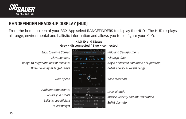 36RANGEFINDER HEADS-UP DISPLAY (HUD)From the home screen of your BDX App select RANGEFINDERS to display the HUD.  The HUD displays all range, environmental and ballistic information and allows you to configure your KILO.KILO ID and StatusGrey = disconnected / Blue = connectedBack to Home ScreenElevation dataRange to target and unit of measure Bullet velocity at target rangeWind speedAmbient temperatureActive gun profileBallistic coaefficientBullet weightHelp and Settings menuWindage dataAngle of include and Mode of OperationBullet energy at target range Wind direction Local altitude Muzzle velocity and MV CalibrationBullet diameter