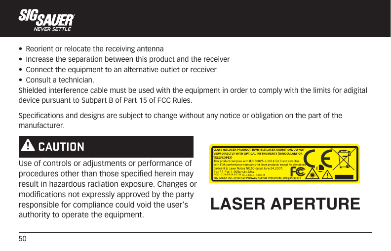 50•  Reorient or relocate the receiving antenna•  Increase the separation between this product and the receiver•  Connect the equipment to an alternative outlet or receiver•  Consult a technician.Shielded interference cable must be used with the equipment in order to comply with the limits for adigital device pursuant to Subpart B of Part 15 of FCC Rules.Specifications and designs are subject to change without any notice or obligation on the part of the manufacturer.LASER APERTUREUse of controls or adjustments or performance of procedures other than those specified herein may result in hazardous radiation exposure. Changes or modifications not expressly approved by the party responsible for compliance could void the user’s authority to operate the equipment. W CAUTION41.4FCC ID:2AP8SK301M IC:24032-K301M