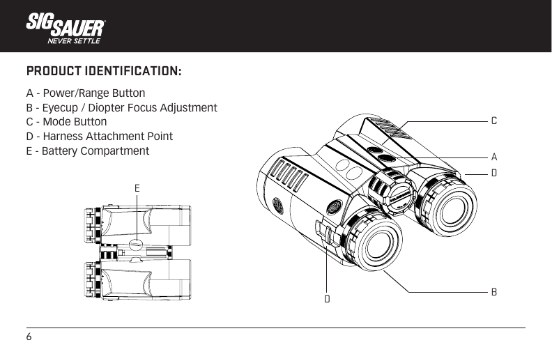 6PRODUCT IDENTIFICATION:A - Power/Range ButtonB - Eyecup / Diopter Focus AdjustmentC - Mode ButtonD - Harness Attachment PointE - Battery CompartmentCABDED