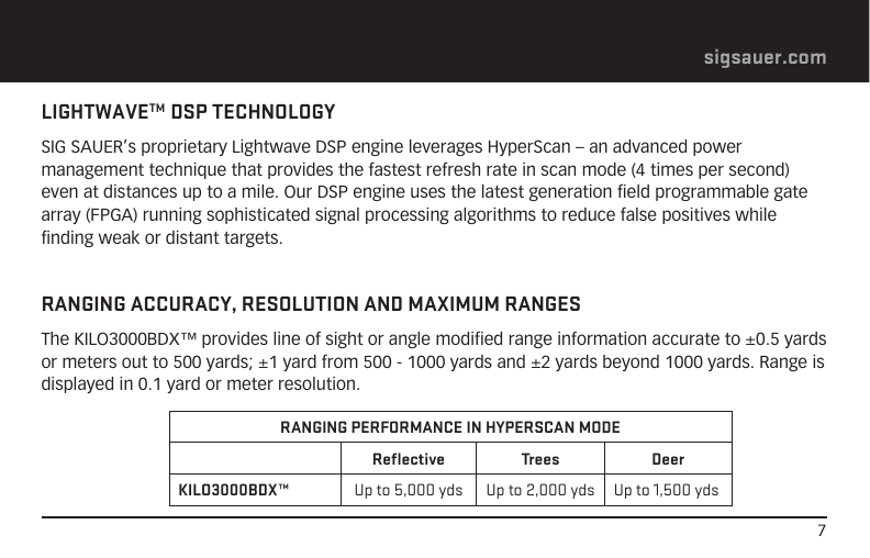 7sigsauer.comLIGHTWAVETM  DSP TECHNOLOGYSIG SAUER’s proprietary Lightwave DSP engine leverages HyperScan – an advanced power management technique that provides the fastest refresh rate in scan mode (4 times per second) even at distances up to a mile. Our DSP engine uses the latest generation field programmable gate array (FPGA) running sophisticated signal processing algorithms to reduce false positives while finding weak or distant targets. RANGING ACCURACY, RESOLUTION AND MAXIMUM RANGESThe KILO3000BDX™ provides line of sight or angle modified range information accurate to ±0.5 yards or meters out to 500 yards; ±1 yard from 500 - 1000 yards and ±2 yards beyond 1000 yards. Range is displayed in 0.1 yard or meter resolution.RANGING PERFORMANCE IN HYPERSCAN MODEReﬂective Trees DeerKILO3000BDX™ Up to 5,000 yds Up to 2,000 yds Up to 1,500 yds