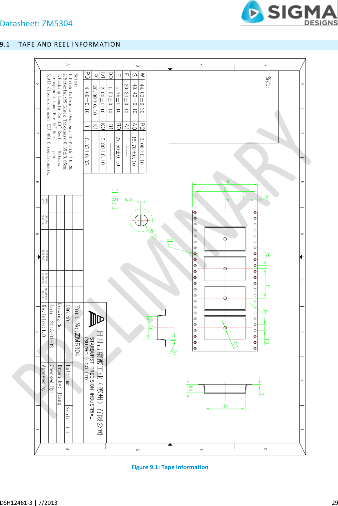 Datasheet: ZM5304     DSH12461-3 | 7/2013    29 9.1 TAPE AND REEL INFORMATION  Figure 9.1: Tape information  