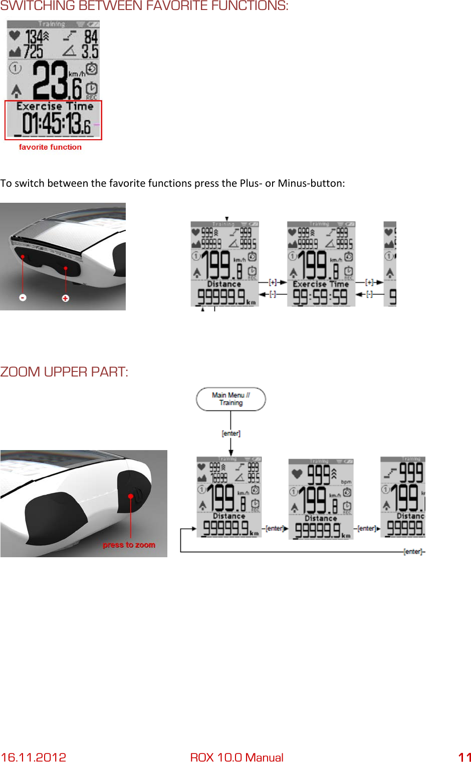 16.11.2012 ROX 10.0 Manual 11 SWITCHING BETWEEN FAVORITE FUNCTIONS:  To switch between the favorite functions press the Plus- or Minus-button:       ZOOM UPPER PART:         