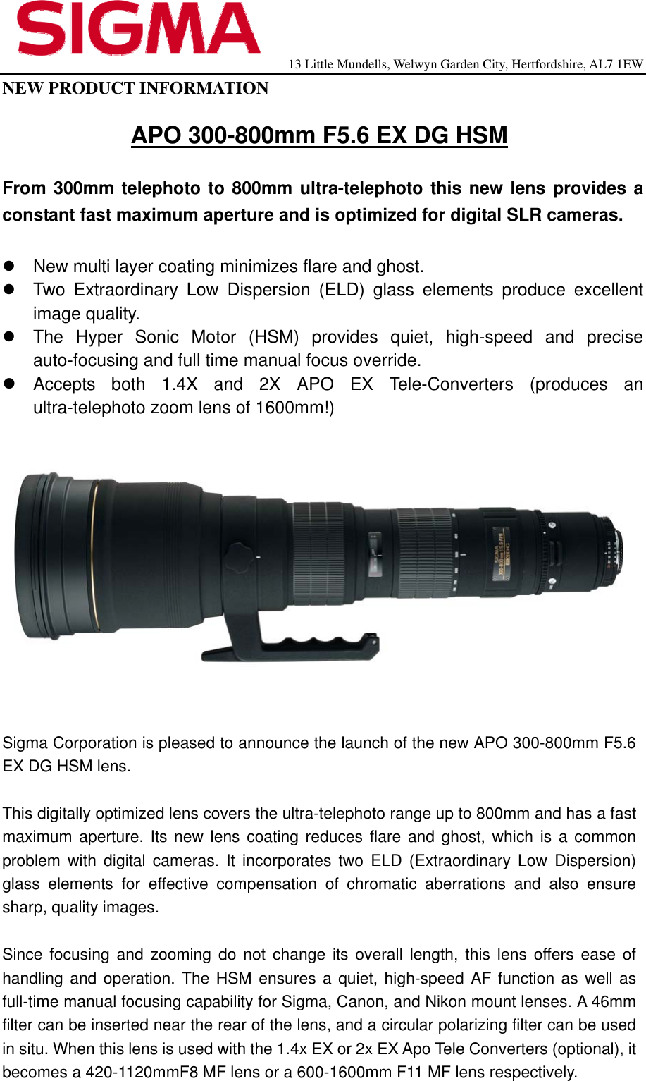 Page 1 of 2 - Sigma Sigma-595101-Specification-Sheet 300-800mm EX DG