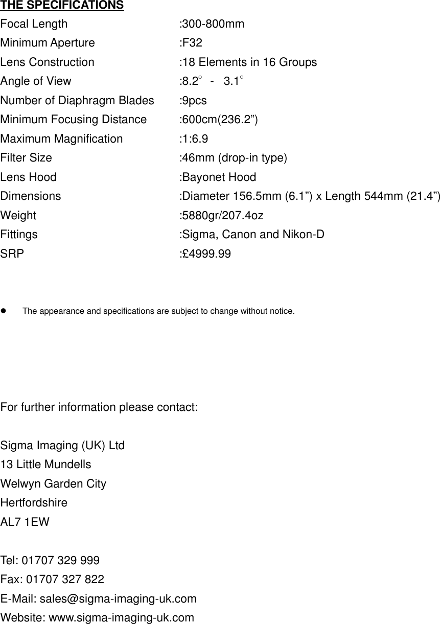 Page 2 of 2 - Sigma Sigma-595101-Specification-Sheet 300-800mm EX DG