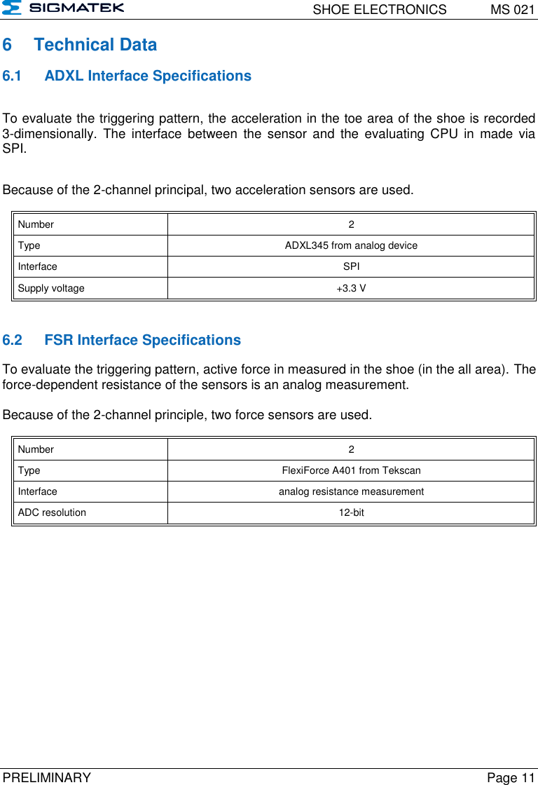   SHOE ELECTRONICS  MS 021  PRELIMINARY  Page 11 6  Technical Data 6.1  ADXL Interface Specifications To evaluate the triggering pattern, the acceleration in the toe area of the shoe is recorded 3-dimensionally.  The  interface  between  the  sensor  and  the  evaluating  CPU  in  made  via SPI. Because of the 2-channel principal, two acceleration sensors are used. Number 2  Type ADXL345 from analog device Interface SPI Supply voltage +3.3 V   6.2  FSR Interface Specifications   To evaluate the triggering pattern, active force in measured in the shoe (in the all area). The force-dependent resistance of the sensors is an analog measurement.  Because of the 2-channel principle, two force sensors are used.  Number 2  Type FlexiForce A401 from Tekscan Interface analog resistance measurement ADC resolution 12-bit  