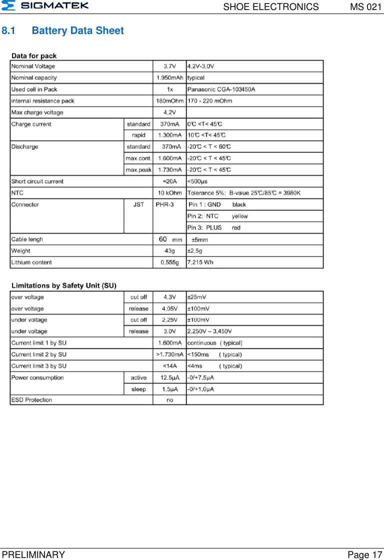   SHOE ELECTRONICS  MS 021  PRELIMINARY  Page 17 8.1  Battery Data Sheet   