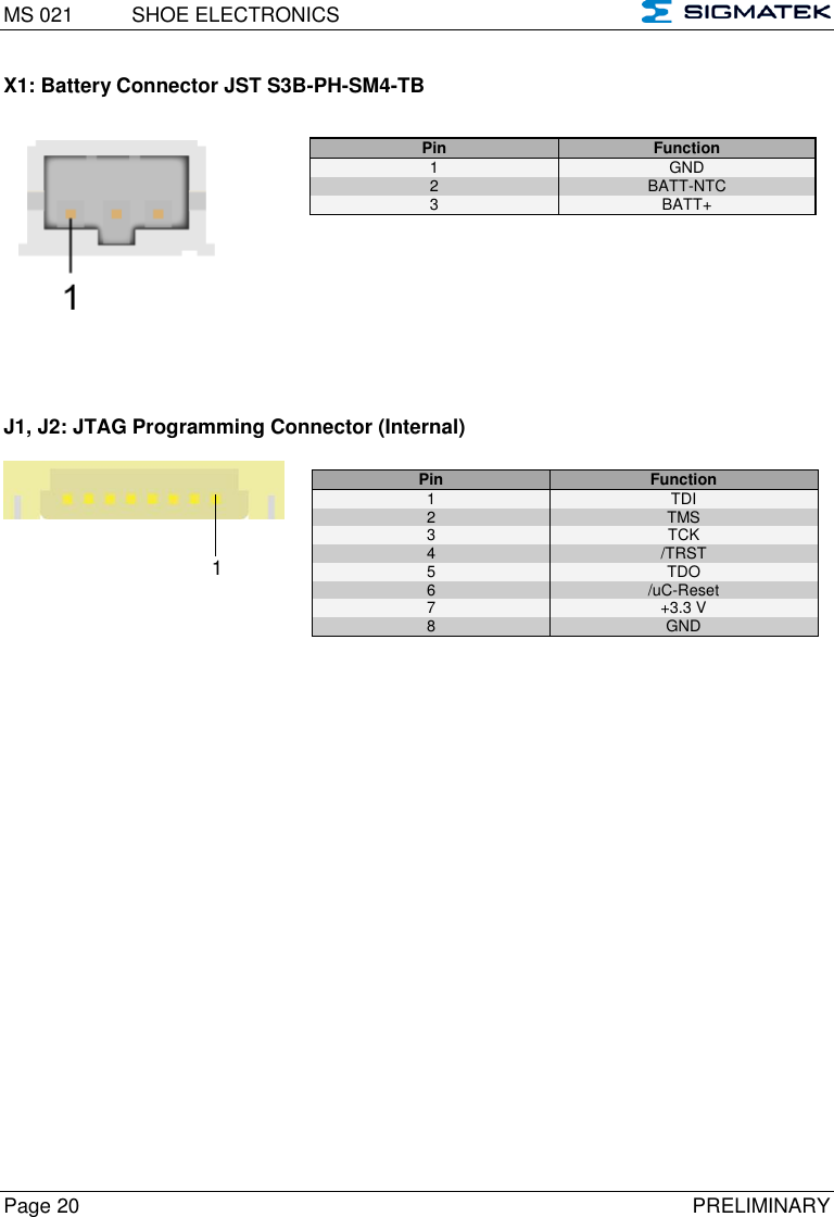 MS 021  SHOE ELECTRONICS   Page 20  PRELIMINARY X1: Battery Connector JST S3B-PH-SM4-TB       J1, J2: JTAG Programming Connector (Internal)          Pin Function 1 GND 2  BATT-NTC 3 BATT+ Pin Function 1  TDI 2  TMS 3 TCK 4 /TRST 5 TDO 6 /uC-Reset 7 +3.3 V 8 GND 1  