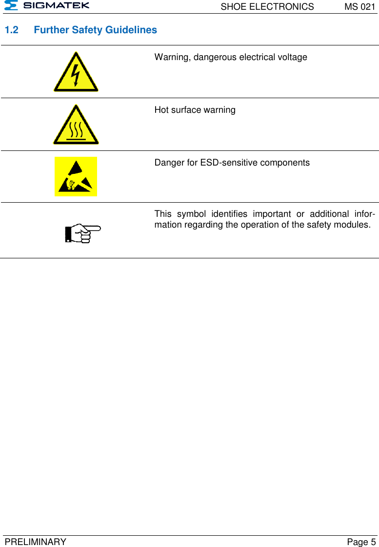   SHOE ELECTRONICS  MS 021  PRELIMINARY  Page 5 1.2  Further Safety Guidelines  Warning, dangerous electrical voltage  Hot surface warning  Danger for ESD-sensitive components     This  symbol  identifies  important  or  additional  infor-mation regarding the operation of the safety modules.  
