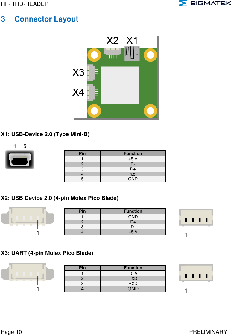 HF-RFID-READER   Page 10   PRELIMINARY 3  Connector Layout     X1: USB-Device 2.0 (Type Mini-B)       X2: USB Device 2.0 (4-pin Molex Pico Blade)     X3: UART (4-pin Molex Pico Blade)     Pin Function 1 +5 V 2 D- 3 D+ 4 n.c. 5 GND Pin Function 1 GND 2  D+ 3 D- 4 +5 V Pin Function 1 +5 V 2  TXD 3 RXD 4 GND 