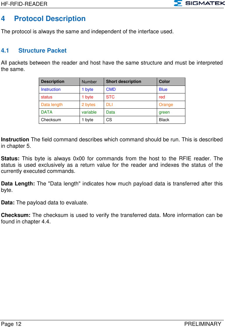 HF-RFID-READER   Page 12   PRELIMINARY 4  Protocol Description The protocol is always the same and independent of the interface used.   4.1  Structure Packet All packets between the reader and host have the same structure and must be interpreted the same.  Description Number Short description Color Instruction 1 byte CMD Blue status 1 byte STC red Data length 2 bytes DLI Orange DATA variable Data green Checksum 1 byte CS Black   Instruction The field command describes which command should be run. This is described in chapter 5.  Status:  This  byte  is  always  0x00  for  commands  from  the  host  to  the  RFIE  reader.  The status  is used exclusively as a  return value for  the  reader and indexes  the status of  the currently executed commands.   Data Length: The &quot;Data length&quot; indicates how much payload data is transferred after this byte.   Data: The payload data to evaluate.  Checksum: The checksum is used to verify the transferred data. More information can be found in chapter 4.4.   