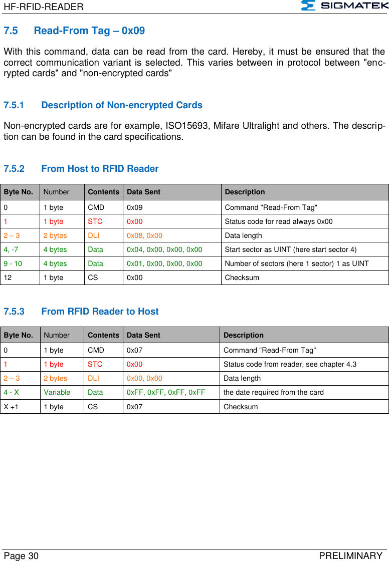 HF-RFID-READER   Page 30   PRELIMINARY 7.5  Read-From Tag – 0x09 With this command, data can be read from the card. Hereby, it must be ensured that the correct communication variant is selected. This varies between in protocol between &quot;enc-rypted cards&quot; and &quot;non-encrypted cards&quot;   7.5.1  Description of Non-encrypted Cards   Non-encrypted cards are for example, ISO15693, Mifare Ultralight and others. The descrip-tion can be found in the card specifications.   7.5.2  From Host to RFID Reader Byte No. Number Contents Data Sent Description 0 1 byte CMD 0x09 Command &quot;Read-From Tag&quot; 1  1 byte STC 0x00 Status code for read always 0x00 2 – 3 2 bytes DLI 0x08, 0x00 Data length 4, -7 4 bytes Data 0x04, 0x00, 0x00, 0x00 Start sector as UINT (here start sector 4) 9 - 10 4 bytes Data 0x01, 0x00, 0x00, 0x00 Number of sectors (here 1 sector) 1 as UINT 12  1 byte CS 0x00 Checksum   7.5.3  From RFID Reader to Host Byte No. Number Contents Data Sent Description 0 1 byte CMD 0x07 Command &quot;Read-From Tag&quot; 1  1 byte STC 0x00 Status code from reader, see chapter 4.3 2 – 3 2 bytes DLI 0x00, 0x00 Data length 4 - X Variable Data 0xFF, 0xFF, 0xFF, 0xFF the date required from the card X +1 1 byte CS 0x07 Checksum   