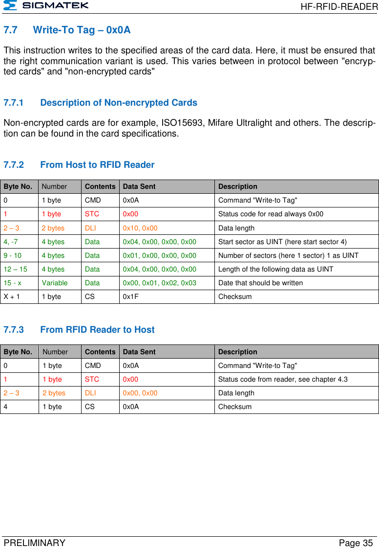  HF-RFID-READER  PRELIMINARY  Page 35 7.7  Write-To Tag – 0x0A This instruction writes to the specified areas of the card data. Here, it must be ensured that the right communication variant is used. This varies between in protocol between &quot;encryp-ted cards&quot; and &quot;non-encrypted cards&quot;   7.7.1  Description of Non-encrypted Cards   Non-encrypted cards are for example, ISO15693, Mifare Ultralight and others. The descrip-tion can be found in the card specifications.   7.7.2  From Host to RFID Reader Byte No. Number Contents Data Sent Description 0 1 byte CMD 0x0A Command &quot;Write-to Tag&quot; 1  1 byte STC 0x00 Status code for read always 0x00 2 – 3 2 bytes DLI 0x10, 0x00 Data length 4, -7 4 bytes Data 0x04, 0x00, 0x00, 0x00 Start sector as UINT (here start sector 4) 9 - 10 4 bytes Data 0x01, 0x00, 0x00, 0x00 Number of sectors (here 1 sector) 1 as UINT 12 – 15 4 bytes Data 0x04, 0x00, 0x00, 0x00 Length of the following data as UINT  15 - x Variable Data 0x00, 0x01, 0x02, 0x03 Date that should be written X + 1 1 byte CS 0x1F Checksum   7.7.3  From RFID Reader to Host Byte No. Number Contents Data Sent Description 0 1 byte CMD 0x0A Command &quot;Write-to Tag&quot; 1  1 byte STC 0x00 Status code from reader, see chapter 4.3 2 – 3 2 bytes DLI 0x00, 0x00 Data length 4 1 byte CS 0x0A Checksum   