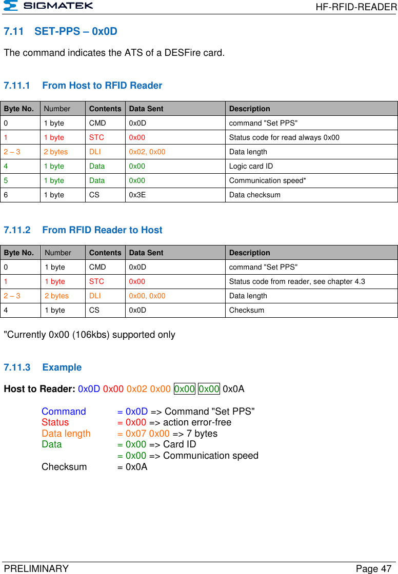  HF-RFID-READER  PRELIMINARY  Page 47 7.11 SET-PPS – 0x0D The command indicates the ATS of a DESFire card.   7.11.1  From Host to RFID Reader Byte No. Number Contents Data Sent Description 0 1 byte CMD 0x0D command &quot;Set PPS&quot; 1  1 byte STC 0x00 Status code for read always 0x00 2 – 3 2 bytes DLI 0x02, 0x00 Data length 4 1 byte Data 0x00 Logic card ID 5 1 byte Data 0x00 Communication speed* 6 1 byte CS 0x3E Data checksum   7.11.2  From RFID Reader to Host Byte No. Number Contents Data Sent Description 0 1 byte CMD 0x0D command &quot;Set PPS&quot; 1  1 byte STC 0x00 Status code from reader, see chapter 4.3 2 – 3 2 bytes DLI 0x00, 0x00 Data length 4 1 byte CS 0x0D Checksum  &quot;Currently 0x00 (106kbs) supported only   7.11.3  Example Host to Reader: 0x0D 0x00 0x02 0x00 0x00 0x00 0x0A  Command   = 0x0D =&gt; Command &quot;Set PPS&quot;   Status    = 0x00 =&gt; action error-free   Data length  = 0x07 0x00 =&gt; 7 bytes   Data    = 0x00 =&gt; Card ID       = 0x00 =&gt; Communication speed   Checksum  = 0x0A   