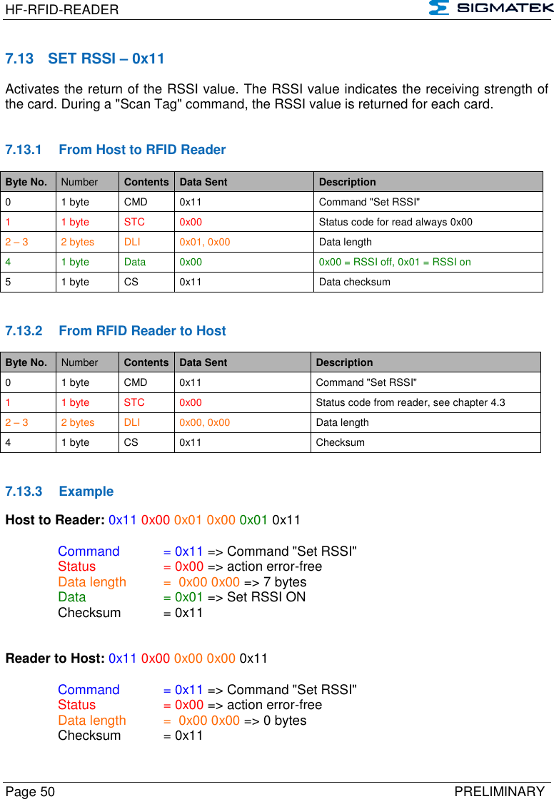 HF-RFID-READER   Page 50   PRELIMINARY  7.13  SET RSSI – 0x11 Activates the return of the RSSI value. The RSSI value indicates the receiving strength of the card. During a &quot;Scan Tag&quot; command, the RSSI value is returned for each card.   7.13.1  From Host to RFID Reader Byte No. Number Contents Data Sent Description 0 1 byte CMD 0x11 Command &quot;Set RSSI&quot; 1  1 byte STC 0x00 Status code for read always 0x00 2 – 3 2 bytes DLI 0x01, 0x00 Data length 4 1 byte Data 0x00 0x00 = RSSI off, 0x01 = RSSI on 5 1 byte CS 0x11 Data checksum   7.13.2  From RFID Reader to Host Byte No. Number Contents Data Sent Description 0 1 byte CMD 0x11 Command &quot;Set RSSI&quot; 1  1 byte STC 0x00 Status code from reader, see chapter 4.3 2 – 3 2 bytes DLI 0x00, 0x00 Data length 4 1 byte CS 0x11 Checksum   7.13.3  Example Host to Reader: 0x11 0x00 0x01 0x00 0x01 0x11  Command   = 0x11 =&gt; Command &quot;Set RSSI&quot;   Status    = 0x00 =&gt; action error-free   Data length  =  0x00 0x00 =&gt; 7 bytes Data    = 0x01 =&gt; Set RSSI ON   Checksum  = 0x11   Reader to Host: 0x11 0x00 0x00 0x00 0x11    Command   = 0x11 =&gt; Command &quot;Set RSSI&quot; Status    = 0x00 =&gt; action error-free   Data length  =  0x00 0x00 =&gt; 0 bytes   Checksum  = 0x11  