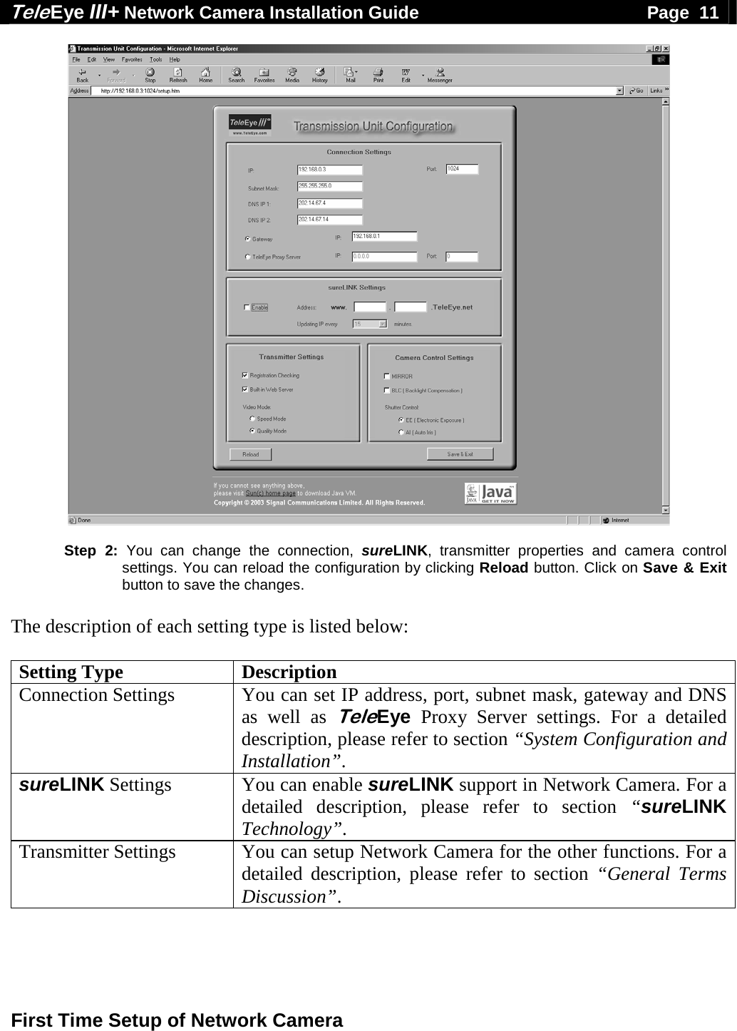Tele Eye III+ Network Camera Installation Guide                                              Page  11  First Time Setup of Network Camera    Step 2: You can change the connection, sureLINK, transmitter properties and camera control settings. You can reload the configuration by clicking Reload button. Click on Save &amp; Exit button to save the changes.  The description of each setting type is listed below:  Setting Type  Description Connection Settings  You can set IP address, port, subnet mask, gateway and DNS as well as TeleEye Proxy Server settings. For a detailed description, please refer to section &ldquo;System Configuration and Installation&rdquo;. sureLINK Settings  You can enable sureLINK support in Network Camera. For a detailed description, please refer to section &ldquo;sureLINK Technology&rdquo;. Transmitter Settings  You can setup Network Camera for the other functions. For a detailed description, please refer to section &ldquo;General Terms Discussion&rdquo;.  