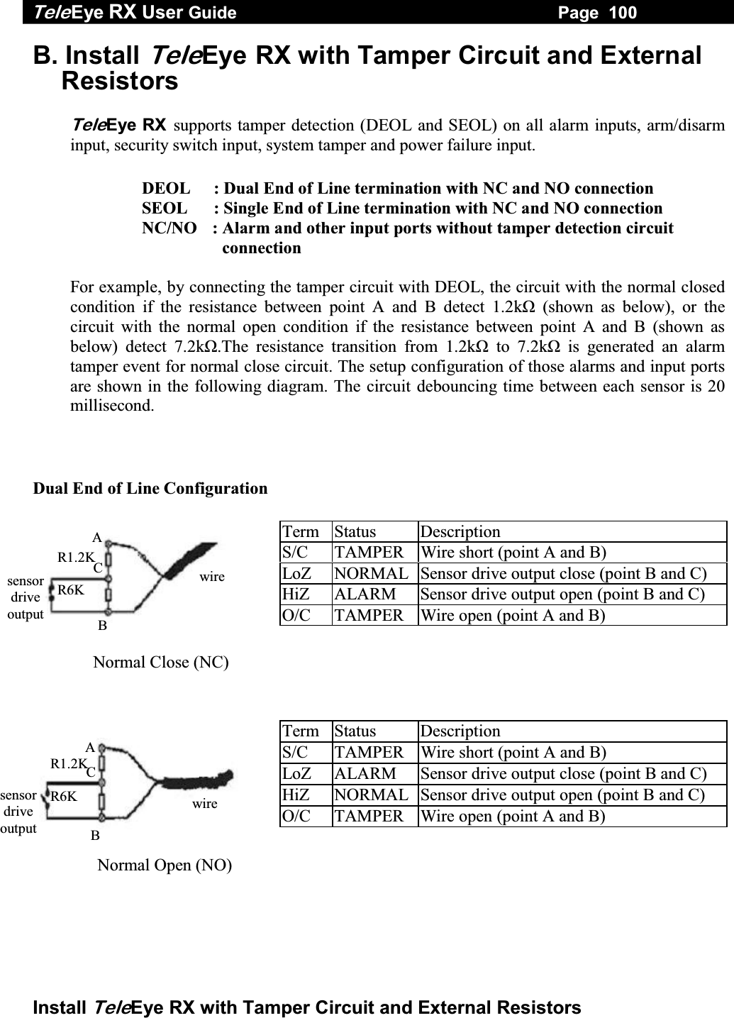 Tele Eye RX User Guide                                                                   Page  100  Install TeleEye RX with Tamper Circuit and External Resistors B. Install TeleEye RX with Tamper Circuit and External Resistors   TeleEye RX supports tamper detection (DEOL and SEOL) on all alarm inputs, arm/disarm input, security switch input, system tamper and power failure input.  DEOL  : Dual End of Line termination with NC and NO connection SEOL  : Single End of Line termination with NC and NO connection NC/NO  : Alarm and other input ports without tamper detection circuit connection  For example, by connecting the tamper circuit with DEOL, the circuit with the normal closed condition if the resistance between point A and B detect 1.2kΩ (shown as below), or the circuit with the normal open condition if the resistance between point A and B (shown as below) detect 7.2kΩ.The resistance transition from 1.2kΩ to 7.2kΩ is generated an alarm tamper event for normal close circuit. The setup configuration of those alarms and input ports are shown in the following diagram. The circuit debouncing time between each sensor is 20 millisecond.    Dual End of Line Configuration                    Normal Close (NC)                      Normal Open (NO)     Term Status Description S/C  TAMPER  Wire short (point A and B) LoZ  NORMAL Sensor drive output close (point B and C) HiZ  ALARM  Sensor drive output open (point B and C) O/C  TAMPER  Wire open (point A and B) Term Status Description S/C  TAMPER  Wire short (point A and B) LoZ  ALARM  Sensor drive output close (point B and C) HiZ  NORMAL Sensor drive output open (point B and C) O/C  TAMPER  Wire open (point A and B) wiresensor drive outputA B C wiresensor drive outputA B C R1.2K  R6KR1.2K  R6K
