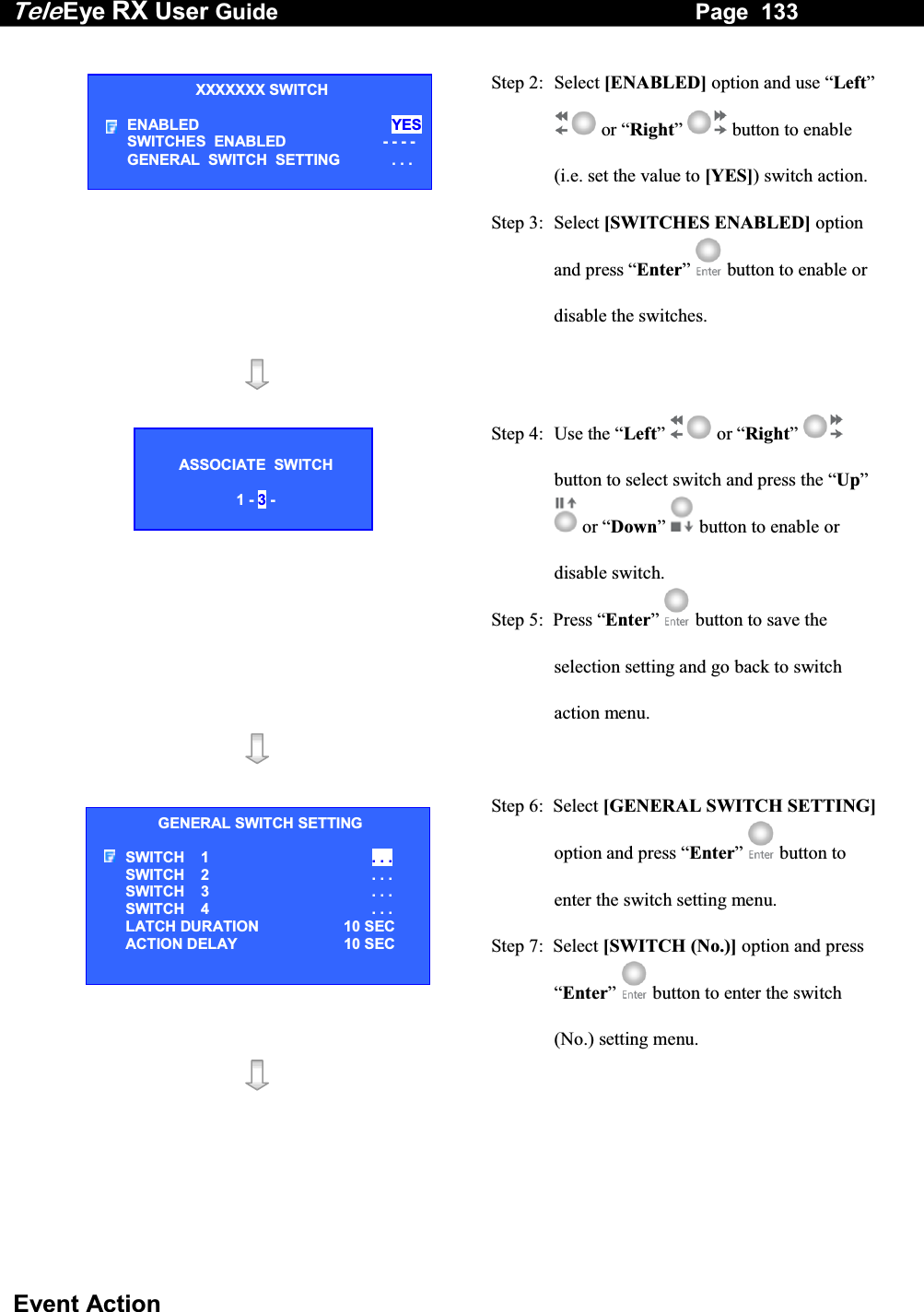 Tele Eye RX User Guide                                                                   Page  133  Event Action  Step 2: Select [ENABLED] option and use &ldquo;Left&rdquo;  or &ldquo;Right&rdquo;  button to enable (i.e. set the value to [YES]) switch action.Step 3:  Select [SWITCHES ENABLED] option and press &ldquo;Enter&rdquo;  button to enable or disable the switches.     Step 4:  Use the &ldquo;Left&rdquo;   or &ldquo;Right&rdquo;  button to select switch and press the &ldquo;Up&rdquo;  or &ldquo;Down&rdquo;  button to enable or disable switch. Step 5:  Press &ldquo;Enter&rdquo;   button to save the selection setting and go back to switch action menu.    Step 6:  Select [GENERAL SWITCH SETTING]option and press &ldquo;Enter&rdquo;  button to enter the switch setting menu. Step 7:  Select [SWITCH (No.)] option and press &ldquo;Enter&rdquo;  button to enter the switch (No.) setting menu.   XXXXXXX SWITCH ENABLED YESSWITCHES  ENABLED  - - - -GENERAL  SWITCH  SETTING . . . ASSOCIATE  SWITCH  1 - 3 - GENERAL SWITCH SETTING SWITCH    1  . . . SWITCH    2 . . . SWITCH    3 . . . SWITCH    4 . . . LATCH DURATION  10 SEC ACTION DELAY  10 SEC 