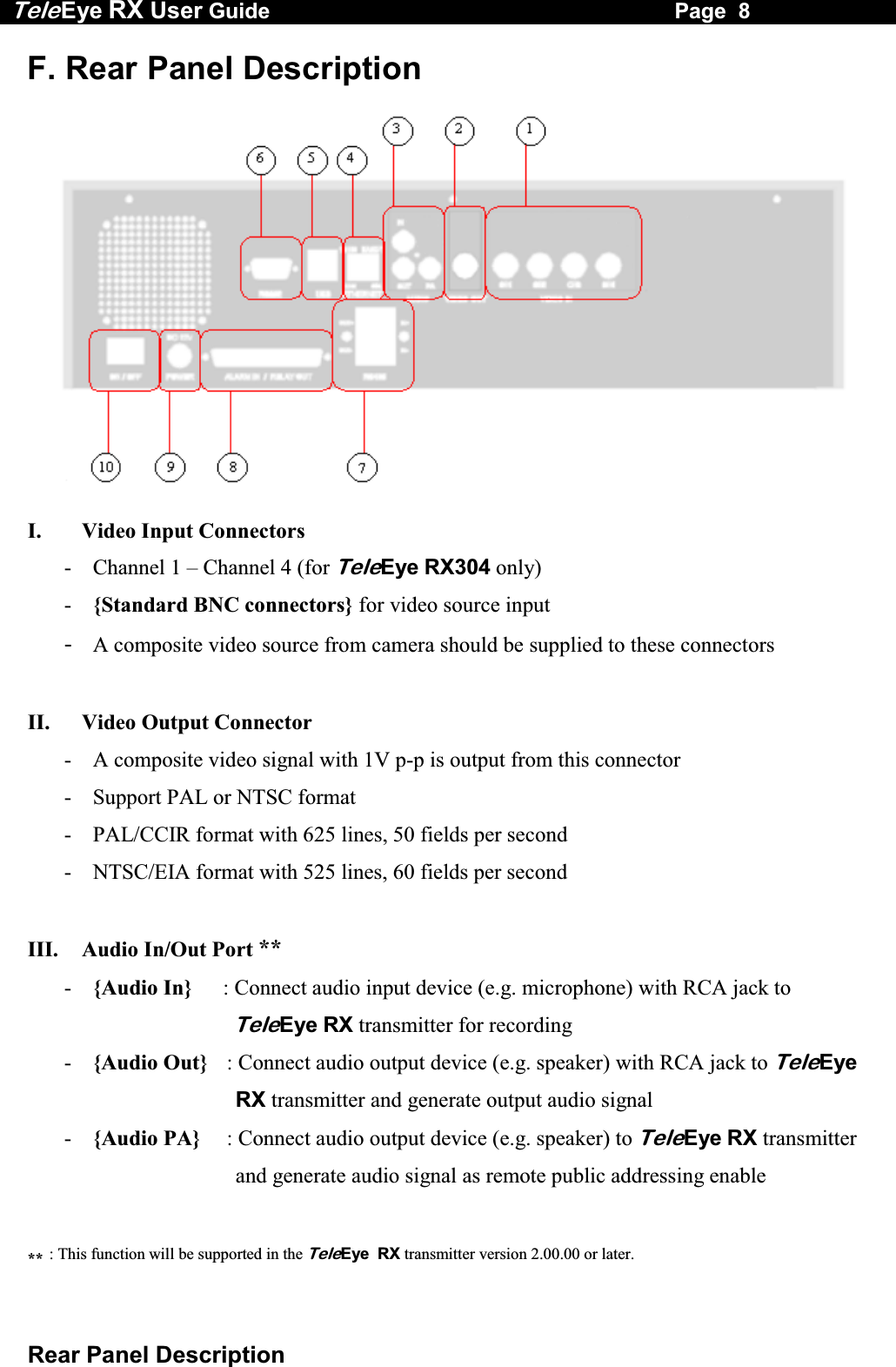 Tele Eye RX User Guide                                                                   Page  8  Rear Panel Description F. Rear Panel Description   I.  Video Input Connectors  -  Channel 1 &ndash; Channel 4 (for TeleEye RX304 only) -  {Standard BNC connectors} for video source input -  A composite video source from camera should be supplied to these connectors  II.   Video Output Connector -  A composite video signal with 1V p-p is output from this connector -  Support PAL or NTSC format -  PAL/CCIR format with 625 lines, 50 fields per second -  NTSC/EIA format with 525 lines, 60 fields per second  III.   Audio In/Out Port ** -   {Audio In}   : Connect audio input device (e.g. microphone) with RCA jack to TeleEye RX transmitter for recording -  {Audio Out}  : Connect audio output device (e.g. speaker) with RCA jack to TeleEye RX transmitter and generate output audio signal -  {Audio PA}   : Connect audio output device (e.g. speaker) to TeleEye RX transmitter and generate audio signal as remote public addressing enable  ** : This function will be supported in the TeleEye  RX transmitter version 2.00.00 or later.