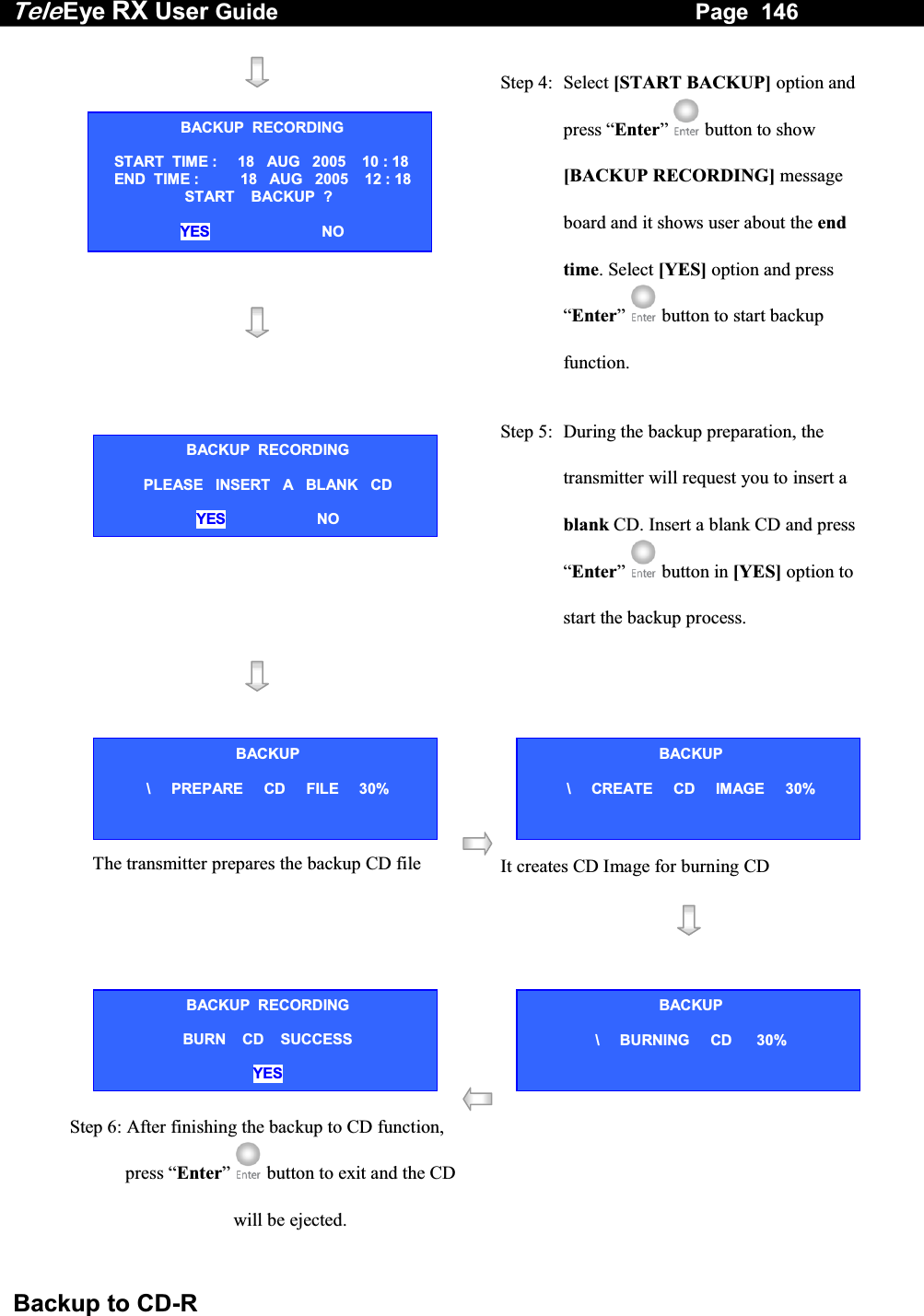 Tele Eye RX User Guide                                                                   Page  146  Backup to CD-R            Step 4:  Select [START BACKUP] option and press &ldquo;Enter&rdquo;  button to show [BACKUP RECORDING] message board and it shows user about the end time. Select [YES] option and press &ldquo;Enter&rdquo;  button to start backup function.   Step 5:  During the backup preparation, the transmitter will request you to insert a blank CD. Insert a blank CD and press &ldquo;Enter&rdquo;  button in [YES] option to start the backup process.         The transmitter prepares the backup CD file    It creates CD Image for burning CD       Step 6: After finishing the backup to CD function, press &ldquo;Enter&rdquo;  button to exit and the CD will be ejected.  BACKUP  RECORDING           START  TIME :     18   AUG   2005    10 : 18      END  TIME :          18   AUG   2005    12 : 18                       START    BACKUP  ?  YES                           NO BACKUP  RECORDING      PLEASE   INSERT   A   BLANK   CD  YES                      NO BACKUP       \     PREPARE     CD     FILE     30% BACKUP       \     CREATE     CD     IMAGE     30% BACKUP  RECORDING      BURN    CD    SUCCESS  YES                        BACKUP       \     BURNING     CD      30% 