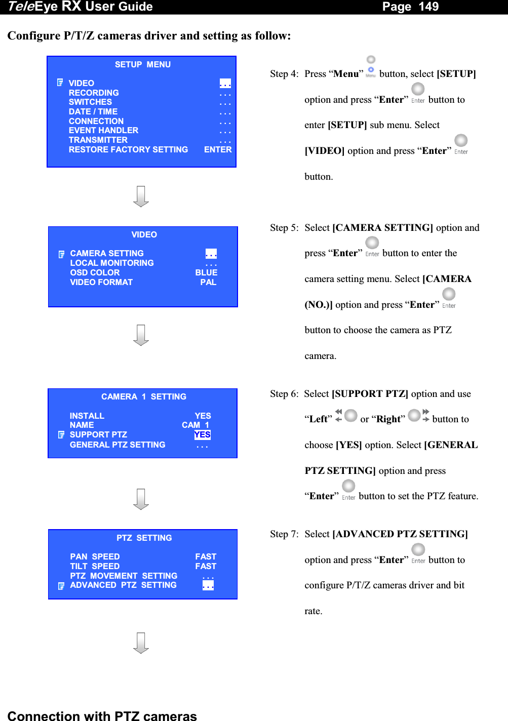 Tele Eye RX User Guide                                                                   Page  149  Connection with PTZ cameras Configure P/T/Z cameras driver and setting as follow:   Step 4:  Press &ldquo;Menu&rdquo;  button, select [SETUP] option and press &ldquo;Enter&rdquo;  button to enter [SETUP] sub menu. Select [VIDEO] option and press &ldquo;Enter&rdquo;   button.                       Step 5: Select [CAMERA SETTING] option and press &ldquo;Enter&rdquo;  button to enter the camera setting menu. Select [CAMERA (NO.)] option and press &ldquo;Enter&rdquo;   button to choose the camera as PTZ camera. Step 6:  Select [SUPPORT PTZ] option and use     &ldquo;Left&rdquo;  or &ldquo;Right&rdquo;  button to choose [YES] option. Select [GENERAL PTZ SETTING] option and press &ldquo;Enter&rdquo;   button to set the PTZ feature. Step 7:  Select [ADVANCED PTZ SETTING] option and press &ldquo;Enter&rdquo;  button to configure P/T/Z cameras driver and bit rate.   SETUP  MENU VIDEO  . . .RECORDING                         . . .SWITCHES  . . .DATE / TIME  . . .CONNECTION  . . .EVENT HANDLER  . . .TRANSMITTER  . . .RESTORE FACTORY SETTING  ENTERVIDEO CAMERA SETTING  . . . LOCAL MONITORING                     . . . OSD COLOR  BLUE VIDEO FORMAT  PAL CAMERA  1  SETTING INSTALL YES NAME  CAM  1 SUPPORT PTZ    YES GENERAL PTZ SETTING     . . . PTZ  SETTING PAN  SPEED FAST TILT  SPEED                     FAST PTZ  MOVEMENT  SETTING   . . . ADVANCED  PTZ  SETTING   . . . 