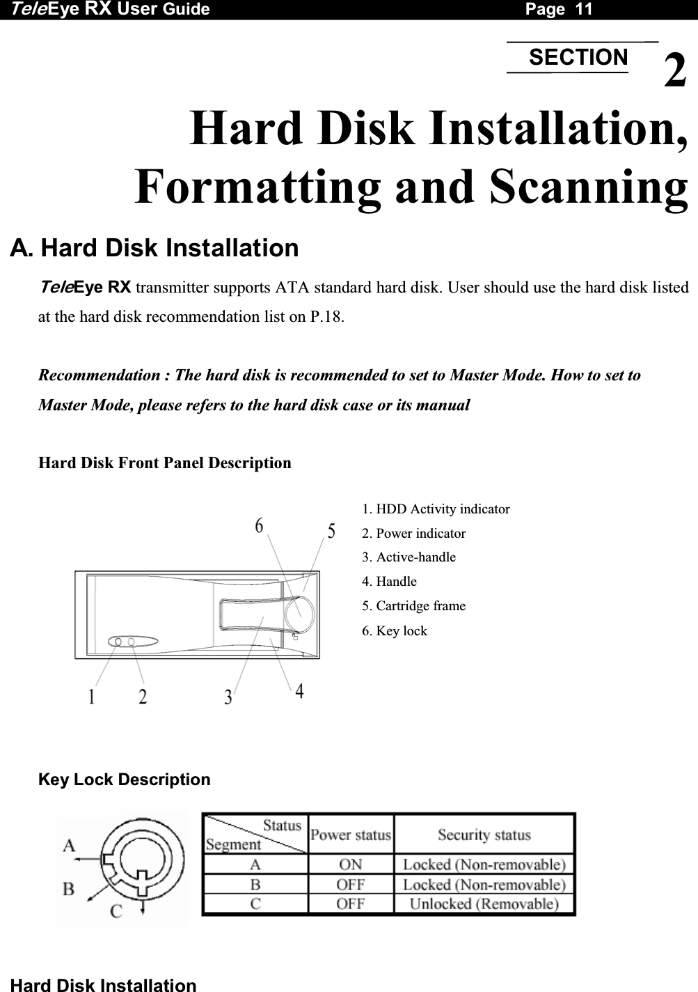 Tele Eye RX User Guide                                                                   Page  11  Hard Disk Installation 1. HDD Activity indicator 2. Power indicator 3. Active-handle 4. Handle 5. Cartridge frame 6. Key lock 2 Hard Disk Installation,  Formatting and Scanning  A. Hard Disk Installation TeleEye RX transmitter supports ATA standard hard disk. User should use the hard disk listed at the hard disk recommendation list on P.18.  Recommendation : The hard disk is recommended to set to Master Mode. How to set to Master Mode, please refers to the hard disk case or its manual  Hard Disk Front Panel Description                  Key Lock Description  SECTION
