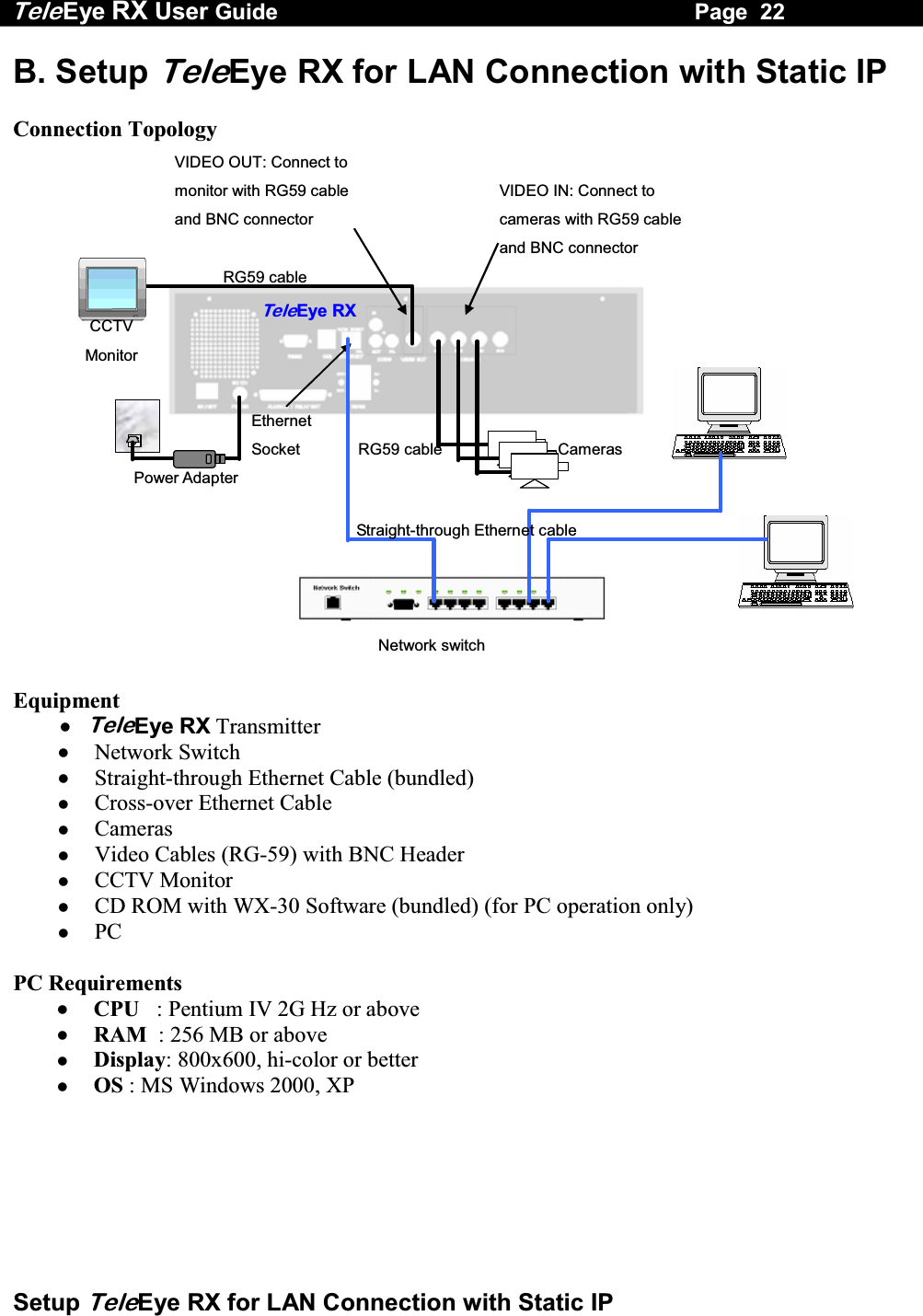 Tele Eye RX User Guide                                                                   Page  22  Setup TeleEye RX for LAN Connection with Static IP  B. Setup TeleEye RX for LAN Connection with Static IP  Connection Topology VIDEO OUT: Connect to monitor with RG59 cable and BNC connector   VIDEO IN: Connect to cameras with RG59 cable and BNC connector   RG59 cableRG59 cable Power Adapter Ethernet Socket CCTV Monitor TeleEye RXCameras Network switchStraight-through Ethernet cable   Equipment  TeleEye RX Transmitter   Network Switch   Straight-through Ethernet Cable (bundled)   Cross-over Ethernet Cable   Cameras   Video Cables (RG-59) with BNC Header   CCTV Monitor   CD ROM with WX-30 Software (bundled) (for PC operation only)   PC  PC Requirements   CPU   :  Pentium IV 2G Hz or above   RAM  : 256 MB or above   Display: 800x600, hi-color or better   OS : MS Windows 2000, XP  