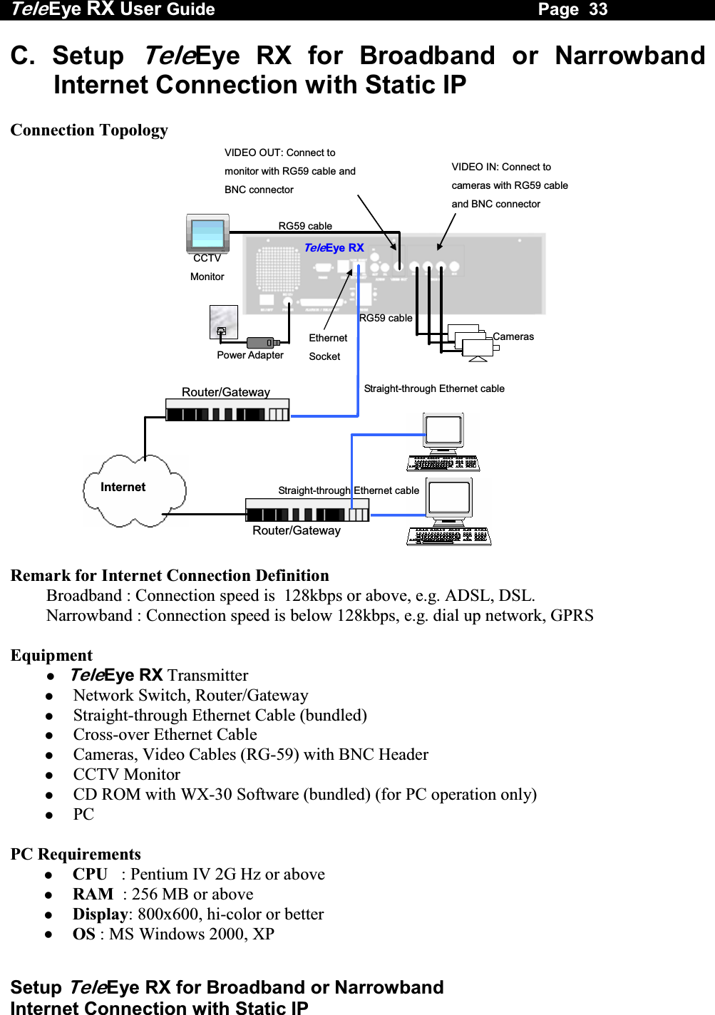 Tele Eye RX User Guide                                                                   Page  33  Setup TeleEye RX for Broadband or Narrowband  Internet Connection with Static IP C. Setup TeleEye RX for Broadband or Narrowband Internet Connection with Static IP  Connection Topology VIDEO OUT: Connect to monitor with RG59 cable and BNC connector   VIDEO IN: Connect to cameras with RG59 cable and BNC connector   RG59 cableRG59 cable Power Adapter Ethernet Socket CCTV Monitor TeleEye RXCameras Internet Router/Gateway Router/Gateway Straight-through Ethernet cable Straight-through Ethernet cable  Remark for Internet Connection Definition  Broadband : Connection speed is  128kbps or above, e.g. ADSL, DSL.  Narrowband : Connection speed is below 128kbps, e.g. dial up network, GPRS  Equipment  TeleEye RX Transmitter   Network Switch, Router/Gateway   Straight-through Ethernet Cable (bundled)   Cross-over Ethernet Cable   Cameras, Video Cables (RG-59) with BNC Header   CCTV Monitor   CD ROM with WX-30 Software (bundled) (for PC operation only)   PC  PC Requirements   CPU   :  Pentium IV 2G Hz or above   RAM  : 256 MB or above   Display: 800x600, hi-color or better   OS : MS Windows 2000, XP  