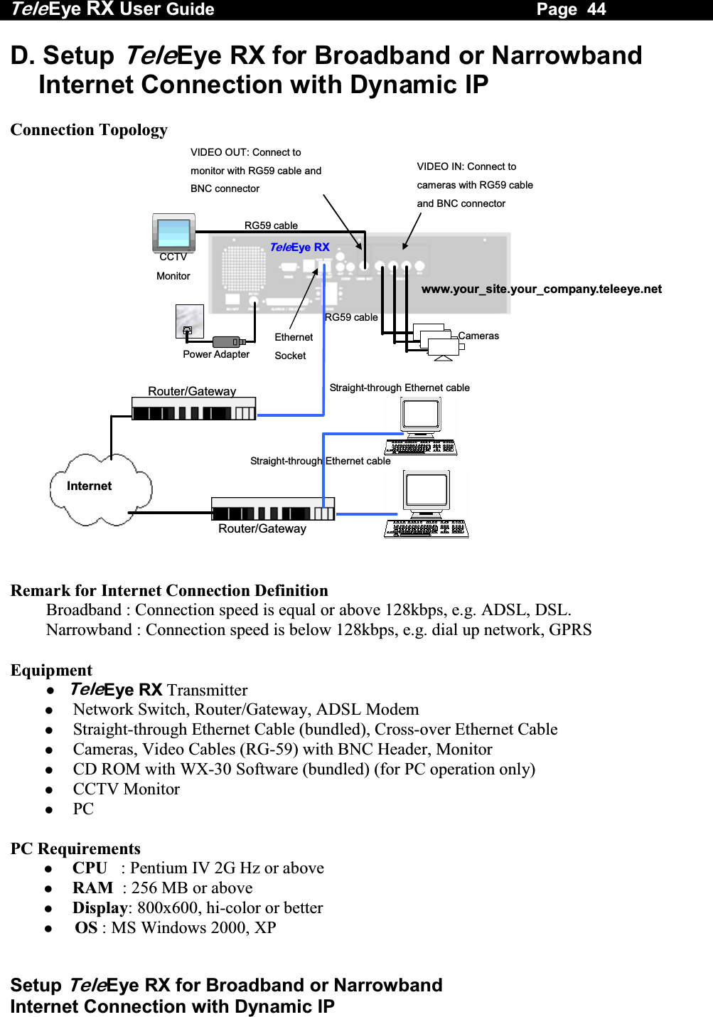 Tele Eye RX User Guide                                                                   Page  44  Setup TeleEye RX for Broadband or Narrowband  Internet Connection with Dynamic IP D. Setup TeleEye RX for Broadband or Narrowband Internet Connection with Dynamic IP  Connection Topology VIDEO OUT: Connect to monitor with RG59 cable and BNC connector   VIDEO IN: Connect to cameras with RG59 cable and BNC connector   RG59 cableRG59 cable Power Adapter Ethernet Socket CCTV Monitor TeleEye RXCameras www.your_site.your_company.teleeye.netInternet Router/Gateway Router/Gateway Straight-through Ethernet cable Straight-through Ethernet cable   Remark for Internet Connection Definition  Broadband : Connection speed is equal or above 128kbps, e.g. ADSL, DSL.  Narrowband : Connection speed is below 128kbps, e.g. dial up network, GPRS  Equipment  TeleEye RX Transmitter   Network Switch, Router/Gateway, ADSL Modem   Straight-through Ethernet Cable (bundled), Cross-over Ethernet Cable   Cameras, Video Cables (RG-59) with BNC Header, Monitor   CD ROM with WX-30 Software (bundled) (for PC operation only)   CCTV Monitor   PC  PC Requirements   CPU   :  Pentium IV 2G Hz or above   RAM  : 256 MB or above   Display: 800x600, hi-color or better   OS : MS Windows 2000, XP