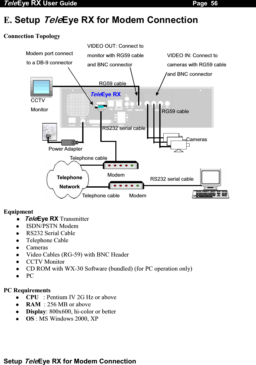 Tele Eye RX User Guide                                                                   Page  56  Setup TeleEye RX for Modem Connection E. Setup TeleEye RX for Modem Connection  Connection Topology VIDEO OUT: Connect to monitor with RG59 cable and BNC connector   VIDEO IN: Connect to cameras with RG59 cable and BNC connector   RG59 cableRG59 cablePower Adapter TeleEye RXCameras Modem RS232 serial cable Telephone Network Modem port connect to a DB-9 connectorCCTV MonitorModem RS232 serial cable Telephone cable Telephone cable    Equipment  TeleEye RX Transmitter   ISDN/PSTN Modem   RS232 Serial Cable   Telephone Cable   Cameras   Video Cables (RG-59) with BNC Header   CCTV Monitor   CD ROM with WX-30 Software (bundled) (for PC operation only)   PC  PC Requirements   CPU   :  Pentium IV 2G Hz or above   RAM  : 256 MB or above   Display: 800x600, hi-color or better   OS : MS Windows 2000, XP 