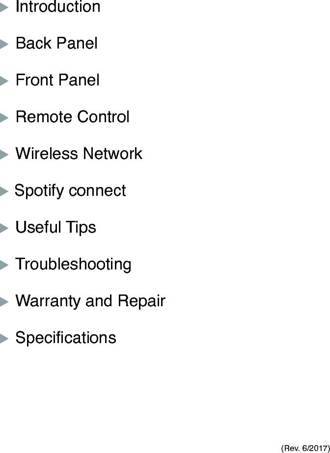 125  Introduction  Back Panel  Front Panel  Remote Control  Wireless Network Spotify connect  Useful Tips  Troubleshooting  Warranty and Repair  Specications(Rev. 6/2017)