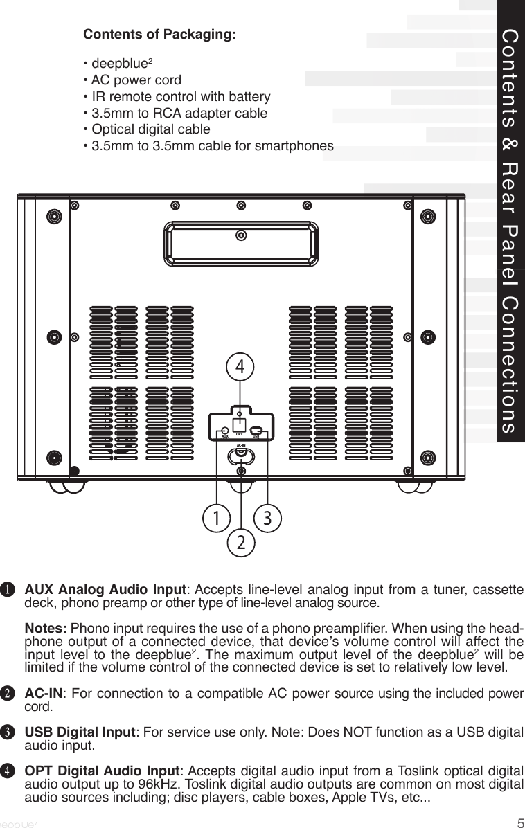 Contents &amp; Rear Panel Connections1AC-INAUXOPT USB324AUX Analog Audio Input: Accepts line-level analog input from a tuner, cassette deck, phono preamp or other type of line-level analog source.Notes: Phono input requires the use of a phono preamplier. When using the head-phone output of a connected device, that device’s volume control will affect the input level to the deepblue2. The maximum output level of the deepblue2 will be limited if the volume control of the connected device is set to relatively low level.AC-IN: For connection to a compatible AC power source using the included power cord.USB Digital Input: For service use only. Note: Does NOT function as a USB digital audio input.OPT Digital Audio Input: Accepts digital audio input from a Toslink optical digital audio output up to 96kHz. Toslink digital audio outputs are common on most digital audio sources including; disc players, cable boxes, Apple TVs, etc...BCDEContents of Packaging:• deepblue2• AC power cord• IR remote control with battery• 3.5mm to RCA adapter cable• Optical digital cable• 3.5mm to 3.5mm cable for smartphones5