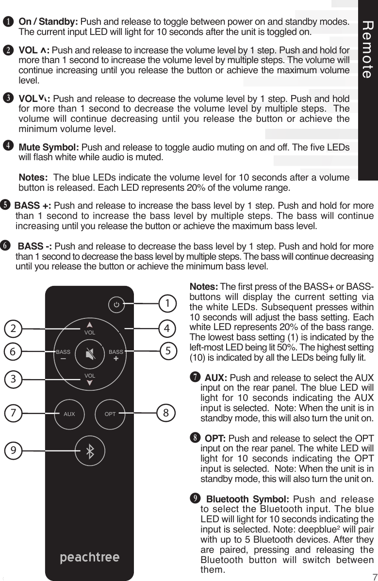 VOLVOLBASS+BASS_AUX OPT1256438797RemoteBCDEOn / Standby: Push and release to toggle between power on and standby modes. The current input LED will light for 10 seconds after the unit is toggled on.VOL ^: Push and release to increase the volume level by 1 step. Push and hold for more than 1 second to increase the volume level by multiple steps. The volume will continue increasing until you release the button or achieve the maximum volume level.VOL ^: Push and release to decrease the volume level by 1 step. Push and hold for more than 1 second to decrease the volume level by multiple steps.  The volume will continue decreasing until you release the button or achieve the minimum volume level.Mute Symbol: Push and release to toggle audio muting on and off. The ve LEDs will ash white while audio is muted.Notes:  The blue LEDs indicate the volume level for 10 seconds after a volume button is released. Each LED represents 20% of the volume range.^F BASS +: Push and release to increase the bass level by 1 step. Push and hold for more than 1 second to increase the bass level by multiple steps. The bass will continue increasing until you release the button or achieve the maximum bass level.G  BASS -: Push and release to decrease the bass level by 1 step. Push and hold for more than 1 second to decrease the bass level by multiple steps. The bass will continue decreasing until you release the button or achieve the minimum bass level.Notes: The rst press of the BASS+ or BASS- buttons will display the current setting via the white LEDs. Subsequent presses within 10 seconds will adjust the bass setting. Each white LED represents 20% of the bass range. The lowest bass setting (1) is indicated by the left-most LED being lit 50%. The highest setting (10) is indicated by all the LEDs being fully lit.H AUX: Push and release to select the AUX input on the rear panel. The blue LED will light for 10 seconds indicating the AUX input is selected.  Note: When the unit is in standby mode, this will also turn the unit on.I OPT: Push and release to select the OPT input on the rear panel. The white LED will light for 10 seconds indicating the OPT input is selected.  Note: When the unit is in standby mode, this will also turn the unit on.J  Bluetooth Symbol: Push and release to select the Bluetooth input. The blue LED will light for 10 seconds indicating the input is selected. Note: deepblue2 will pair with up to 5 Bluetooth devices. After they are paired, pressing and releasing the Bluetooth button will switch between them. 