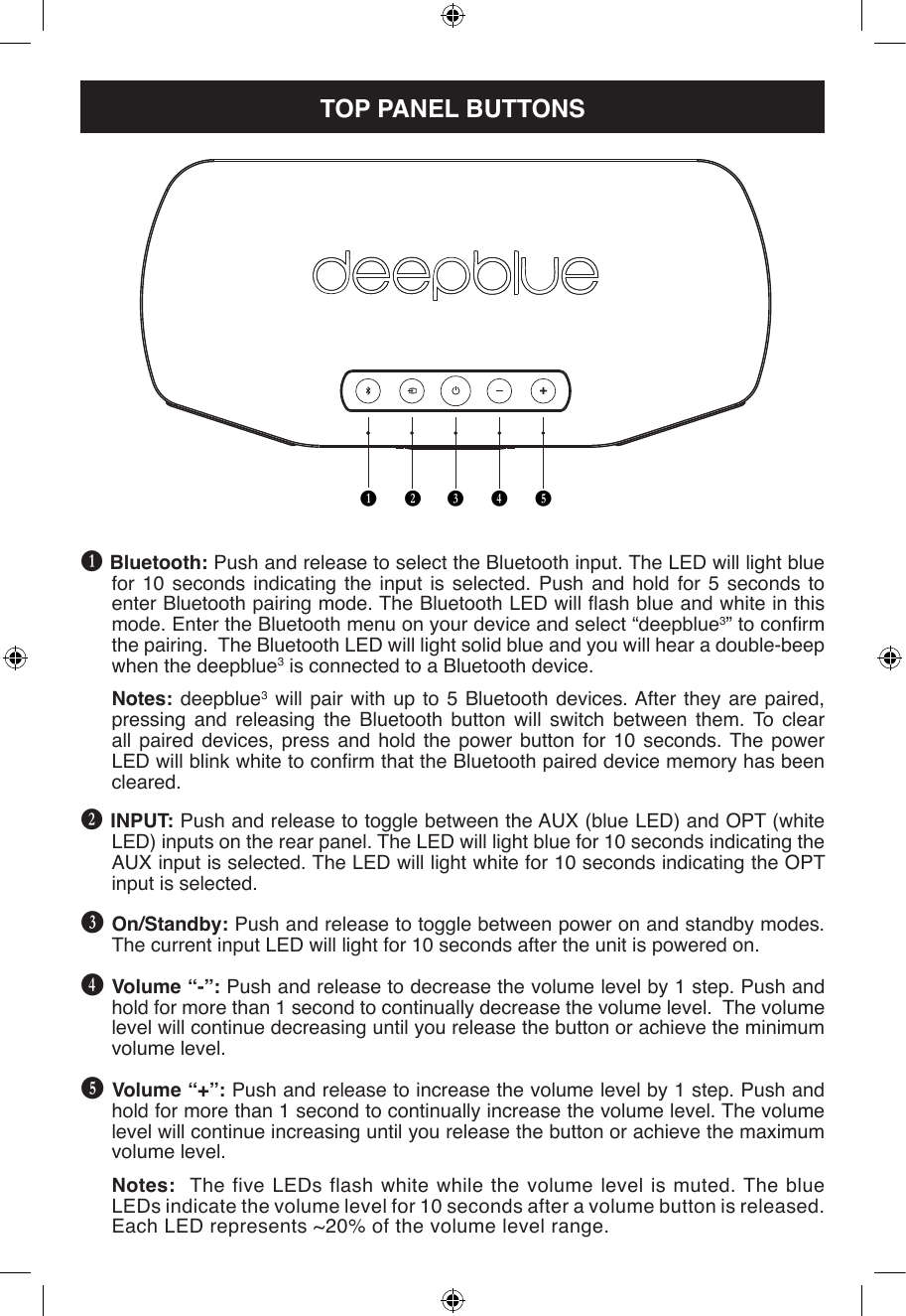 B Bluetooth: Push and release to select the Bluetooth input. The LED will light blue for 10 seconds indicating the input is selected. Push and hold for 5 seconds to enter Bluetooth pairing mode. The Bluetooth LED will ash blue and white in this mode. Enter the Bluetooth menu on your device and select “deepblue3” to conrm the pairing.  The Bluetooth LED will light solid blue and you will hear a double-beep when the deepblue3 is connected to a Bluetooth device.Notes: deepblue3 will pair with up to 5 Bluetooth devices. After they are paired, pressing and releasing the Bluetooth button will switch between them. To clear all paired devices, press and hold the power button for 10 seconds. The power LED will blink white to conrm that the Bluetooth paired device memory has been cleared.C INPUT: Push and release to toggle between the AUX (blue LED) and OPT (white LED) inputs on the rear panel. The LED will light blue for 10 seconds indicating the AUX input is selected. The LED will light white for 10 seconds indicating the OPT input is selected.D On/Standby: Push and release to toggle between power on and standby modes. The current input LED will light for 10 seconds after the unit is powered on.E Volume “-”: Push and release to decrease the volume level by 1 step. Push and hold for more than 1 second to continually decrease the volume level.  The volume level will continue decreasing until you release the button or achieve the minimum volume level.F Volume “+”: Push and release to increase the volume level by 1 step. Push and hold for more than 1 second to continually increase the volume level. The volume level will continue increasing until you release the button or achieve the maximum volume level.Notes:  The five LEDs flash white while the volume level is muted. The blue LEDs indicate the volume level for 10 seconds after a volume button is released. Each LED represents ~20% of the volume level range.B C D E FTOP PANEL BUTTONS