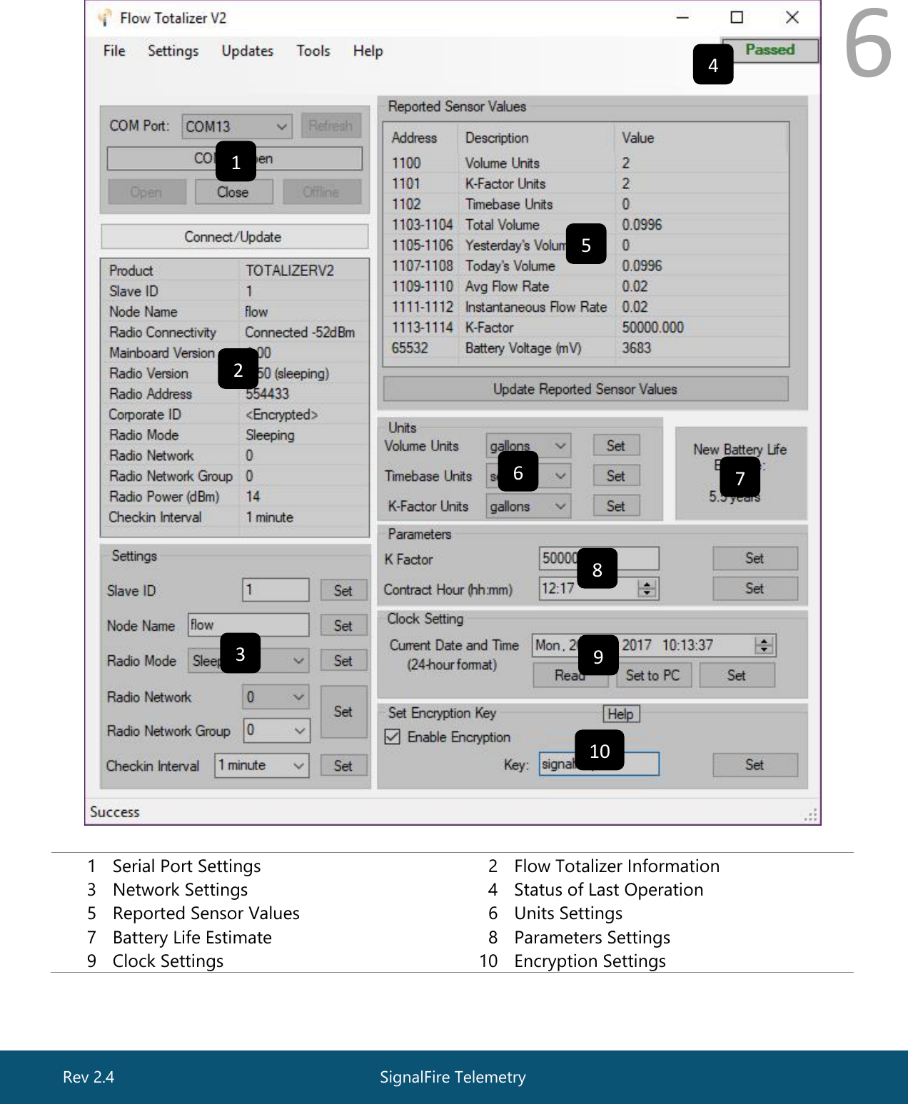  6   1 Serial Port Settings 2 Flow Totalizer Information 3 Network Settings 4 Status of Last Operation 5 Reported Sensor Values 6 Units Settings 7 Battery Life Estimate 8 Parameters Settings 9 Clock Settings 10 Encryption Settings   1 2 3 5 6 7 8 9 10 4 SignalFire Telemetry Rev 2.4 