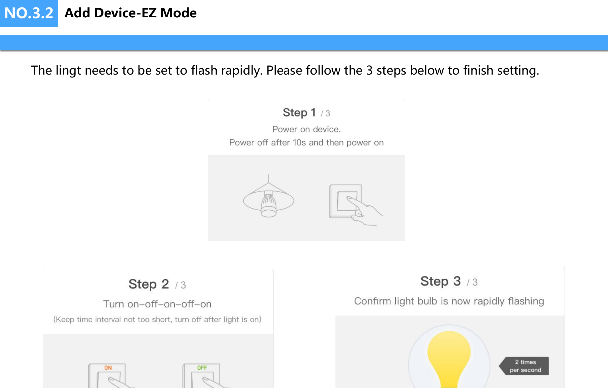 NO.3.2The lingt needs to be set to flash rapidly. Please follow the 3 steps below to finish setting.Add Device-EZ Mode