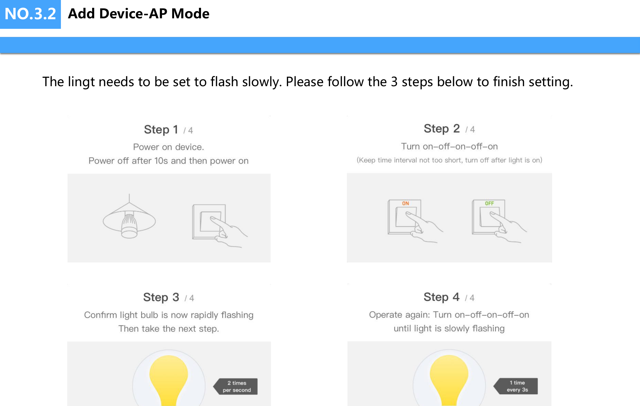 NO.3.2The lingt needs to be set to flash slowly. Please follow the 3 steps below to finish setting.Add Device-AP Mode