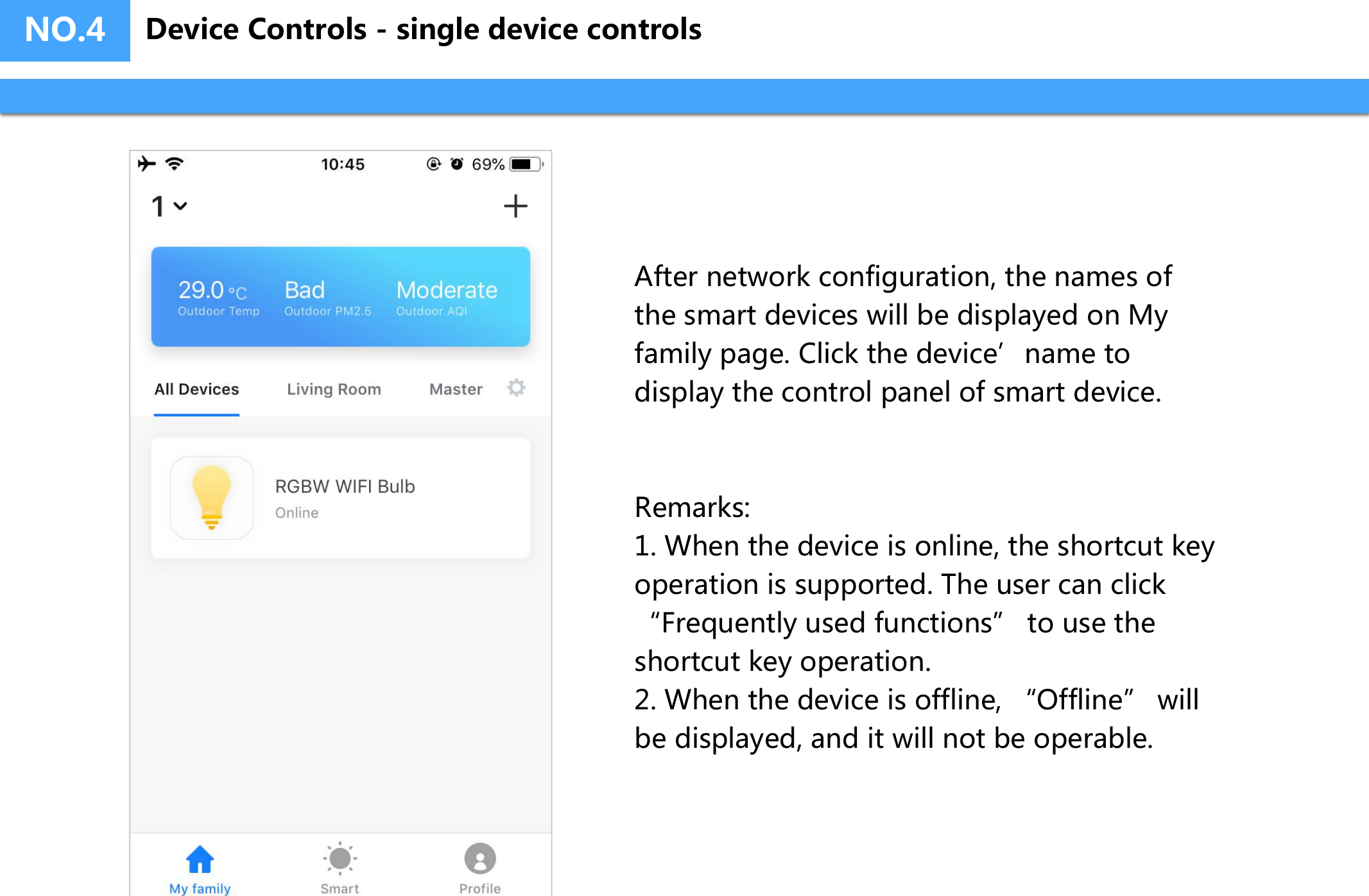 NO.4After network configuration, the names of the smart devices will be displayed on My family page. Click the device’name to display the control panel of smart device.Remarks:1. When the device is online, the shortcut key operation is supported. The user can click “Frequently used functions” to use the  shortcut key operation.2. When the device is offline, “Offline” will be displayed, and it will not be operable.Device Controls - single device controls