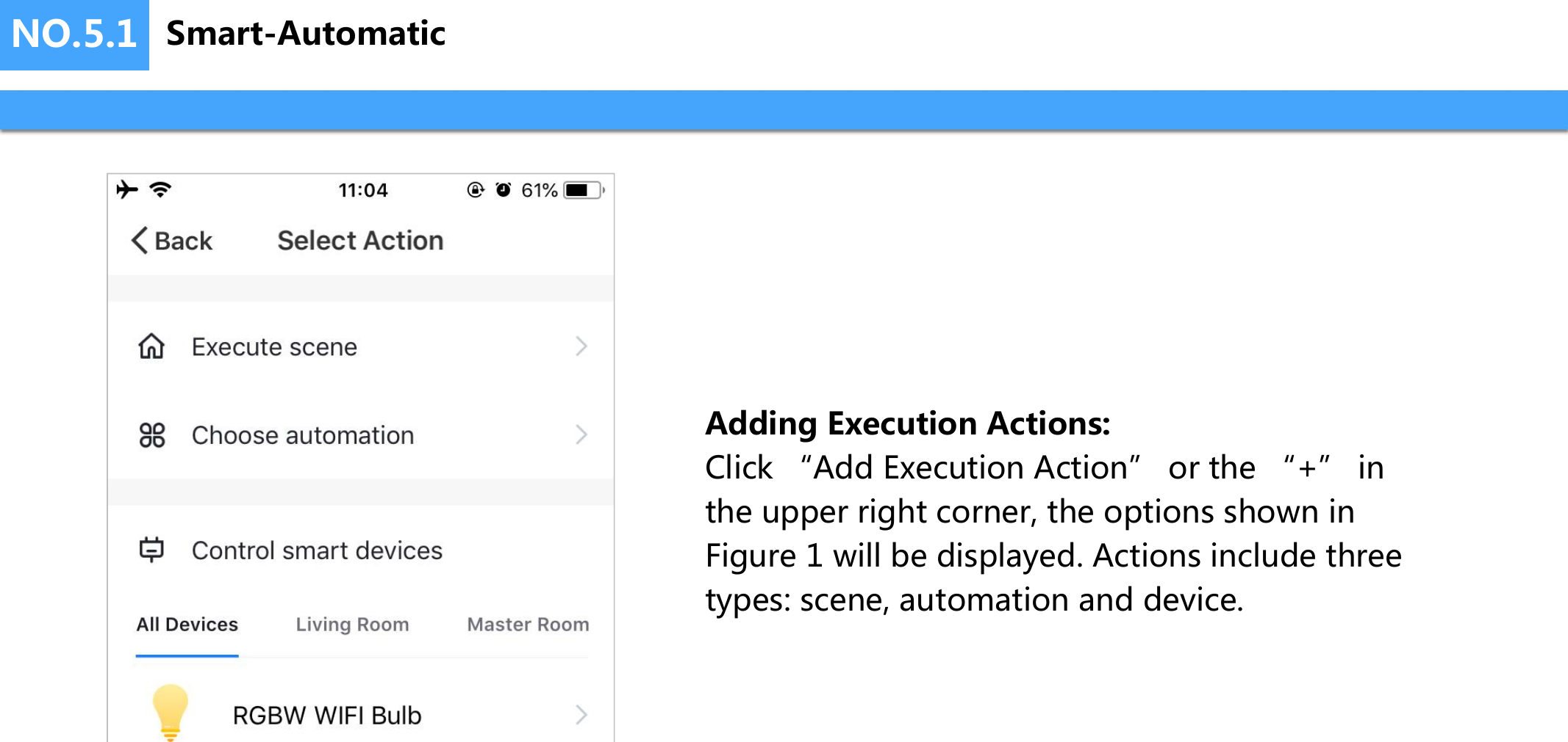 NO.5.1Adding Execution Actions:Click “Add Execution Action” or the “+” in the upper right corner, the options shown in Figure 1 will be displayed. Actions include three types: scene, automation and device.Smart-Automatic