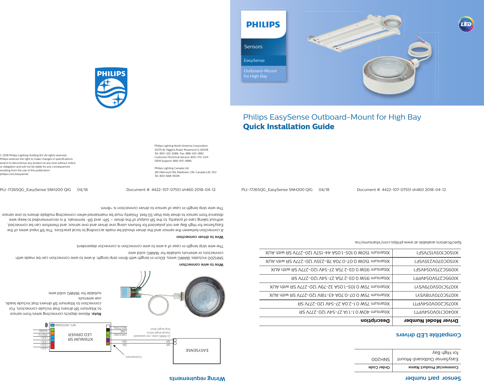 Philips EasySense Outboard-Mount for High BayQuick Installation GuideSensorsEasySenseOutboard-Mount for High BayCommercial Product Name Order CodeEasySense Outboard-Mount for High BaySNH200Sensor  part numberCompatible LED drivers© 2018 Philips Lighting Holding B.V. All rights reserved. Philips reserves the right to make changes in speci cations and/or to discontinue any product at any time without notice or obligation and will not be liable for any consequences resulting from the use of this publication.philips.com/easysensePhilips Lighting North America Corporation10275 W. Higgins Road, Rosemont IL 60018Tel: 800-322-2086  Fax: 888-423-1882Customer/Technical Service: 800-372-3331OEM Support: 866-915-5886Philips Lighting Canada Ltd.281 Hillmount Rd, Markham, ON, Canada L6C 2S3Tel. 800-668-9008PLt-17265QG_EasySense SNH200 QIG      04/18    Document #: 4422-107-07551 sh460 2018-04-12  PLt-17265QG_EasySense SNH200 QIG      04/18               Document #: 4422-107-07551 sh460 2018-04-12 Driver Model Number DescriptionXI040C110V054VPT1 Xitanium 40W 0.1-1.1A 27-54V 120-277V SRXI075C200V054VPT1 Xitanium 75W 0.1-2.0A 27-54V 120-277V SRXI075C070V118VSY1 Xitanium 75W 0.07-0.70A 43-118V 120-277V SR with AUXXI075C105V079VSY1 Xitanium 75W 0.105-1.05A 32-79V 120-277V SR with AUXXI095C275V054VPF1 Xitanium 95W 0.03-2.75A 27-54V 120-277V SRXI095C275V054VSF1 Xitanium 95W 0.03-2.75A 27-54V 120-277V SR with AUXXI150C070V235VSF1 Xitanium 150W 0.07-0.70A 78-235V 120-277V SR with AUXXI150C105V157VSF1 Xitanium 150W 0.105-1.05A 44-157V 120-277V SR with AUXSpeci cations available at www.philips.com/xitaniumsr/na.Wiring requirementsXITANIUM SR LED DRIVEREASYSENSE LED+LED+LED-LED-RSET2SGNDNFC ANTENNASR-Connectors SR+SRSRLINENEUTRALGROUND NC(2) 18AWG wires, non-polarizedOverall length 60cmStrip length 8mmNote: Above depicts connecting wires from sensor to Xitanium SR drivers that include connectors. For connection to Xitanium SR drivers that include leads, use wirenuts suitable for 18AWG solid wire. Wire to wire connection SNH200 includes 18AWG wires, 60cm in length with 8mm strip length. A wire to wire connection can be made with connectors or wirenuts suitable for 18AWG solid wire.The wire strip length in case of a wire to wire connection is connector dependent. Wire to driver connection A connection between the sensor and the driver should be made according to local practices. The SR input wires of the EasySense for High Bay are not polarized for  xtures using one driver and one sensor, and therefore can be connected, without taking care of polarity, to the SR output of the driver – SR+ and SR- terminals. It is recommended to keep wire distance from sensor to driver less than 50 feet. Polarity must be maintained when connecting multiple drivers to one sensor.The wire strip length in case of sensor to driver connection is ~8mm.