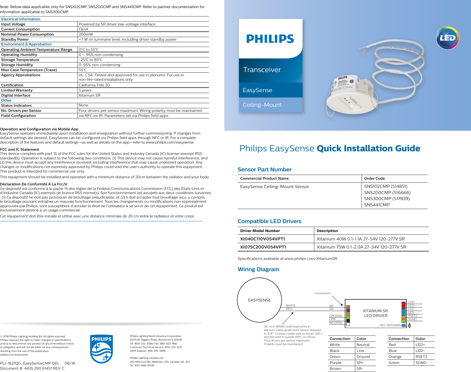 TransceiverEasySenseCeiling-Mount Philips EasySense Quick Installation GuideCommercial Product Name Order CodeEasySense Ceiling-Mount Sensor SNS102CMP (514851) SNS200CMP (516666) SNS300CMP (517839)SNS441CMPConnection  ColorWhite NeutralBlack LineGreen GroundPurple SR+Brown SR-Compatible LED DriversSensor Part NumberDriver Model Number DescriptionXI040C110V054VPT1 Xitanium 40W 0.1-1.1A 27-54V 120-277V SRXI075C200V054VPT1 Xitanium 75W 0.1-2.0A 27-54V 120-277V SRSpecications available at www.philips.com/XitaniumSR.  Wiring DiagramXITANIUM SR LED DRIVERLED+LED+LED-LED-RSET2SGNDNFC ANTENNASR-Connectors SR+REDWHITELINENEUTRALGROUND NC36-inch 18AWG solid lead wires in plenum-rated jacket from sensor stripped to 3/8&quot;.  Connect white wire to brown (SR-) and red wire to purple (SR+) on driver.Four drivers per sensor maximum.Polarity must be maintained.EASYSENSEElectrical InformationInput Voltage Powered by SR driver low-voltage interfaceCurrent Consumption  13mANominal Power Consumption 200mWStandby Power &lt; 1 W on luminaire level, including driver standby powerEnvironment &amp; ApprobationOperating Ambient Temperature Range 0°C to 55°COperating Humidity 0 – 95% non condensingStorage Temperature -25°C to 85°CStorage Humidity 0-95% non condensingMax Case Temperature (Tcase) 55°CAgency Approbations UL, CSA; Tested and approved for use in plenums; For use in  non-fire-rated installations onlyCertication California Title 20Limited Warranty 5 yearsDigital Interface Xitanium SROtherStatus Indicators NoneNo. Drivers per Sensor Four drivers per sensor maximum; Wiring polarity must be maintainedField Conguration via NFC ior IR. Parameters set via Philips eld apps© 2018 Philips Lighting Holding B.V. All rights reserved.  Philips reserves the right to make changes in specications  and/or to discontinue any product at any time without notice  or obligation and will not be liable for any consequences  resulting from the use of this publication.philips.com/easysensePhilips Lighting North America Corporation10275 W. Higgins Road, Rosemont IL 60018Tel: 800-322-2086  Fax: 888-423-1882Customer/Technical Service: 800-372-3331OEM Support: 866-915-5886Philips Lighting Canada Ltd.281 Hillmount Rd, Markham, ON, Canada L6C 2S3Tel. 800-668-9008PLt-1621QG_EasySenseCMP QIG      08/18Document #: 4435 290 61451 REV. CNote: Below data applicable only for SNS102CMP and SNS200CMP.  Refer to partner documentation for information applicable to SNS300CMP.Connection  ColorRed LED+Blue LED-Orange RSET2Green SGNDOperation and Conguration via Mobile App EasySense operates immediately upon installation and energization without further commissioning. If changes from  default settings are desired, EasySense can be congured via Philips eld apps through NFC or IR. For a complete  description of the features and default settings—as well as details on the app—refer to www.philips.com/easysense. FCC and IC Statement This device complies with part 15 of the FCC rules for the United States and Industry Canada (IC) license-exempt RSS  standard(s). Operation is subject to the following two conditions: (1) This device may not cause harmful interference, and (2) this device must accept any interference received, including interference that may cause undesired operation. Any changes or modications not expressly approved by Philips could void the user’s authority to operate this equipment.This product is intended for commercial use only.This equipment should be installed and operated with a minimum distance of 20cm between the radiator and your body.Déclaration De Conformité À La Fcc/Ic Ce dispositif est conforme à la partie 15 des règles de la Federal Communications Commission (FCC) des États-Unis et d’Industrie Canada (IC) exempts de licence RSS norme(s). Son fonctionnement est assujetti aux deux conditions suivantes : (1) Ce dispositif ne doit pas provoquer de brouillage préjudiciable, et (2) il doit accepter tout brouillage reçu, y compris le brouillage pouvant entraîner un mauvais fonctionnement. Tous les changements ou modications non expressément approuvés par Philips, sont susceptibles d’annuler le droit de l’utilisateur à se servir de cet équipement. Ce produit est exclusivement destiné à un usage commercial.Cet équipement doit être installé et utilisé avec une distance minimale de 20 cm entre le radiateur et votre corps.Note: Below data applicable only for SNS102CMP, SNS200CMP and SNS441CMP. Refer to partner documentation for information applicable to SNS300CMP.