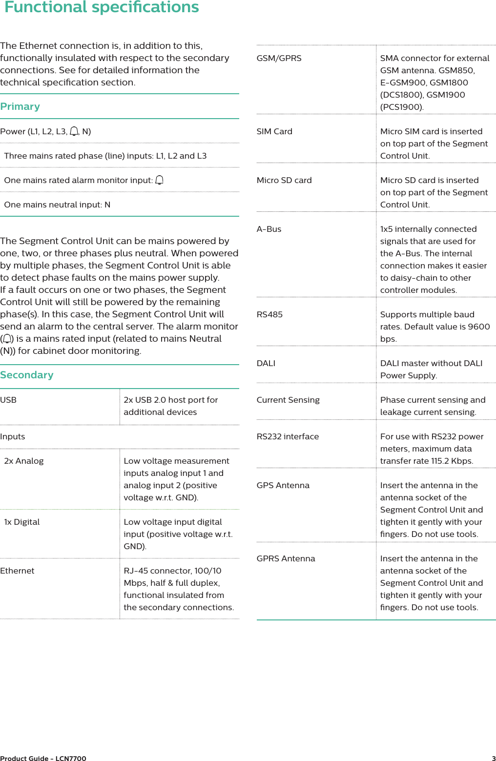 Product Guide - LCN7700  3The Ethernet connection is, in addition to this, functionally insulated with respect to the secondary connections. See for detailed information the technical specication section.The Segment Control Unit can be mains powered by one, two, or three phases plus neutral. When powered by multiple phases, the Segment Control Unit is able to detect phase faults on the mains power supply. If a fault occurs on one or two phases, the Segment Control Unit will still be powered by the remaining phase(s). In this case, the Segment Control Unit will send an alarm to the central server. The alarm monitor ( ) is a mains rated input (related to mains Neutral (N)) for cabinet door monitoring. Functional specicationsSecondary USB  2x USB 2.0 host port for additional devicesInputs2x Analog  Low voltage measurement inputs analog input 1 and analog input 2 (positive voltage w.r.t. GND).  1x Digital   Low voltage input digital input (positive voltage w.r.t. GND). Ethernet  RJ-45 connector, 100/10 Mbps, half &amp; full duplex, functional insulated from the secondary connections.GSM/GPRS SMA connector for external GSM antenna. GSM850, E-GSM900, GSM1800 (DCS1800), GSM1900 (PCS1900).SIM Card Micro SIM card is inserted on top part of the Segment Control Unit.Micro SD card Micro SD card is inserted on top part of the Segment Control Unit.A-Bus 1x5 internally connected signals that are used for the A-Bus. The internal connection makes it easier to daisy-chain to other controller modules.RS485 Supports multiple baud rates. Default value is 9600 bps.DALI DALI master without DALI Power Supply.Current Sensing Phase current sensing and leakage current sensing.RS232 interface For use with RS232 power meters, maximum data transfer rate 115.2 Kbps.GPS Antenna Insert the antenna in the antenna socket of the Segment Control Unit and tighten it gently with your ngers. Do not use tools.GPRS Antenna Insert the antenna in the antenna socket of the Segment Control Unit and tighten it gently with your ngers. Do not use tools.PrimaryPower (L1, L2, L3, , N) Three mains rated phase (line) inputs: L1, L2 and L3 One mains rated alarm monitor input: One mains neutral input: N