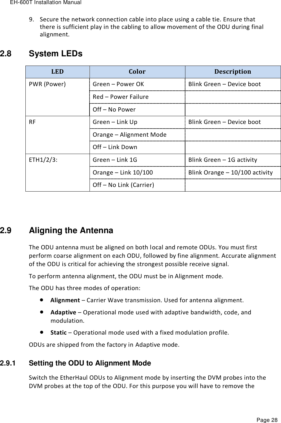 EH-600T Installation Manual Page 28 9. Secure the network connection cable into place using a cable tie. Ensure that there is sufficient play in the cabling to allow movement of the ODU during final alignment. 2.8  System LEDs LED Color Description PWR (Power) Green – Power OK Blink Green – Device boot Red – Power Failure  Off – No Power   RF Green – Link Up Blink Green – Device boot Orange – Alignment Mode  Off – Link Down  ETH1/2/3: Green – Link 1G Blink Green – 1G activity Orange – Link 10/100 Blink Orange – 10/100 activity Off – No Link (Carrier)    2.9  Aligning the Antenna The ODU antenna must be aligned on both local and remote ODUs. You must first perform coarse alignment on each ODU, followed by fine alignment. Accurate alignment of the ODU is critical for achieving the strongest possible receive signal. To perform antenna alignment, the ODU must be in Alignment mode.  The ODU has three modes of operation:  Alignment – Carrier Wave transmission. Used for antenna alignment.  Adaptive – Operational mode used with adaptive bandwidth, code, and modulation.  Static – Operational mode used with a fixed modulation profile.  ODUs are shipped from the factory in Adaptive mode. 2.9.1  Setting the ODU to Alignment Mode Switch the EtherHaul ODUs to Alignment mode by inserting the DVM probes into the DVM probes at the top of the ODU. For this purpose you will have to remove the 