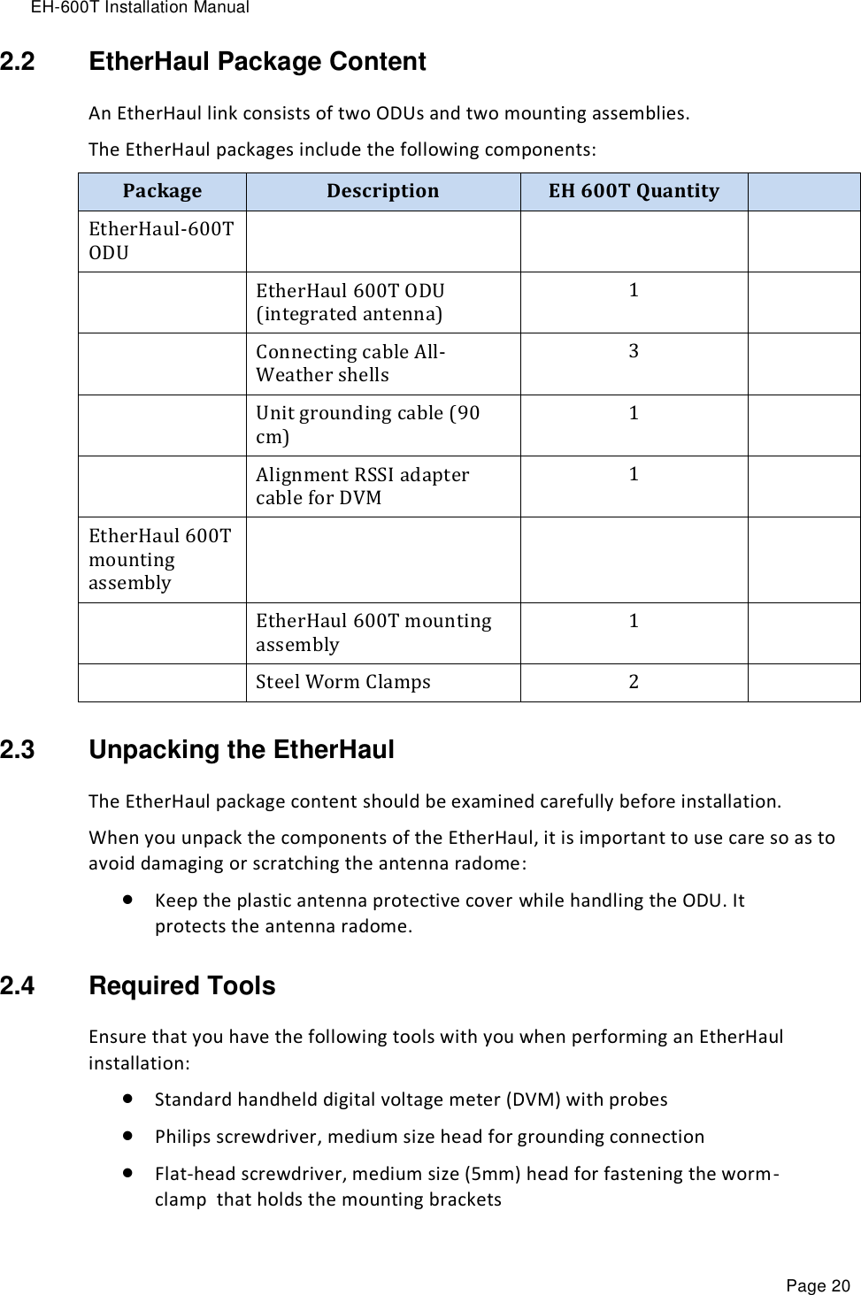 EH-600T Installation Manual Page 20 2.2  EtherHaul Package Content An EtherHaul link consists of two ODUs and two mounting assemblies. The EtherHaul packages include the following components: Package Description EH 600T Quantity  EtherHaul-600T ODU     EtherHaul 600T ODU (integrated antenna) 1   Connecting cable All-Weather shells 3   Unit grounding cable (90 cm) 1   Alignment RSSI adapter cable for DVM 1  EtherHaul 600T mounting assembly     EtherHaul 600T mounting assembly 1   Steel Worm Clamps 2  2.3  Unpacking the EtherHaul  The EtherHaul package content should be examined carefully before installation. When you unpack the components of the EtherHaul, it is important to use care so as to avoid damaging or scratching the antenna radome:  Keep the plastic antenna protective cover while handling the ODU. It protects the antenna radome. 2.4  Required Tools Ensure that you have the following tools with you when performing an EtherHaul installation:  Standard handheld digital voltage meter (DVM) with probes  Philips screwdriver, medium size head for grounding connection  Flat-head screwdriver, medium size (5mm) head for fastening the worm-clamp  that holds the mounting brackets 