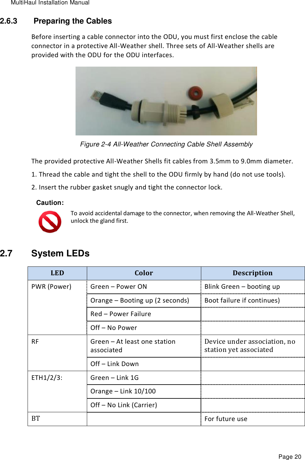 MultiHaul Installation Manual Page 20 2.6.3   Preparing the Cables Before inserting a cable connector into the ODU, you must first enclose the cable connector in a protective All-Weather shell. Three sets of All-Weather shells are provided with the ODU for the ODU interfaces.    Figure 2-4 All-Weather Connecting Cable Shell Assembly The provided protective All-Weather Shells fit cables from 3.5mm to 9.0mm diameter. 1. Thread the cable and tight the shell to the ODU firmly by hand (do not use tools). 2. Insert the rubber gasket snugly and tight the connector lock. Caution:  To avoid accidental damage to the connector, when removing the All-Weather Shell, unlock the gland first. 2.7  System LEDs LED Color Description PWR (Power) Green – Power ON Blink Green – booting up Orange – Booting up (2 seconds) Boot failure if continues) Red – Power Failure  Off – No Power   RF Green – At least one station associated Device under association, no station yet associated Off – Link Down  ETH1/2/3: Green – Link 1G  Orange – Link 10/100  Off – No Link (Carrier)  BT  For future use  