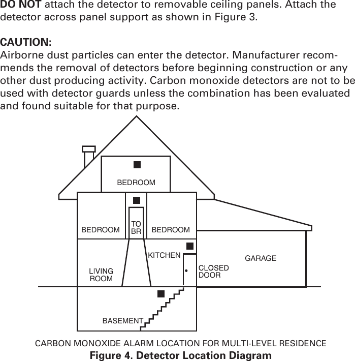 DO NOT attach the detector to removable ceiling panels. Attach the detector across panel support as shown in Figure 3.CAUTION: Airborne dust particles can enter the detector. Manufacturer recom-mends the removal of detectors before beginning construction or any other dust producing activity. Carbon monoxide detectors are not to be used with detector guards unless the combination has been evaluated and found suitable for that purpose.CARBON MONOXIDE ALARM LOCATION FOR MULTI-LEVEL RESIDENCE Figure 4. Detector Location DiagramROOMBEDROOM BEDROOMBEDROOMKITCHENBRDOORBASEMENTGARAGE