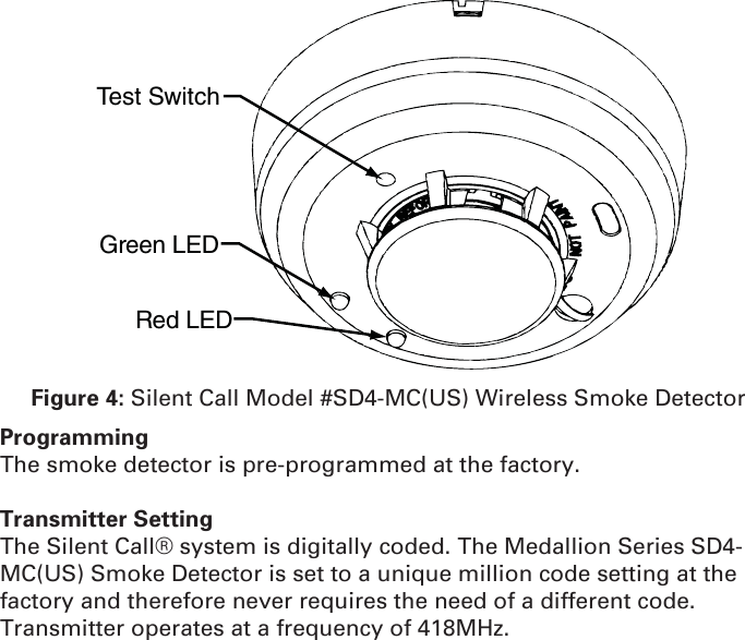 Test SwitchGreen LEDRed LEDFigure 4: Silent Call Model #SD4-MC(US) Wireless Smoke DetectorProgrammingThe smoke detector is pre-programmed at the factory.Transmitter SettingThe Silent Call® system is digitally coded. The Medallion Series SD4-MC(US) Smoke Detector is set to a unique million code setting at the factory and therefore never requires the need of a different code.Transmitter operates at a frequency of 418MHz.